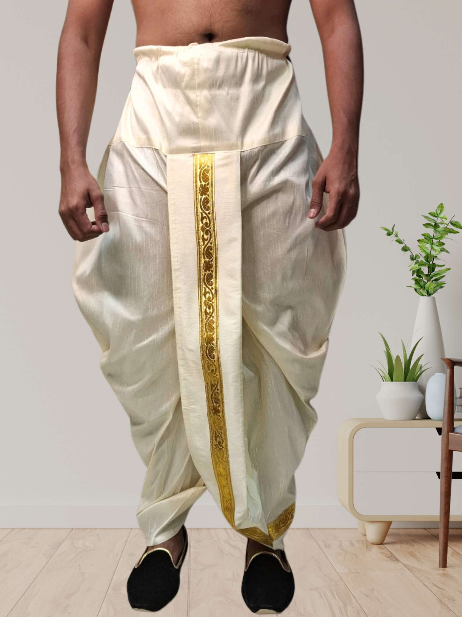 Butter Cream Silk Printed Kurta and Matching Dhoti