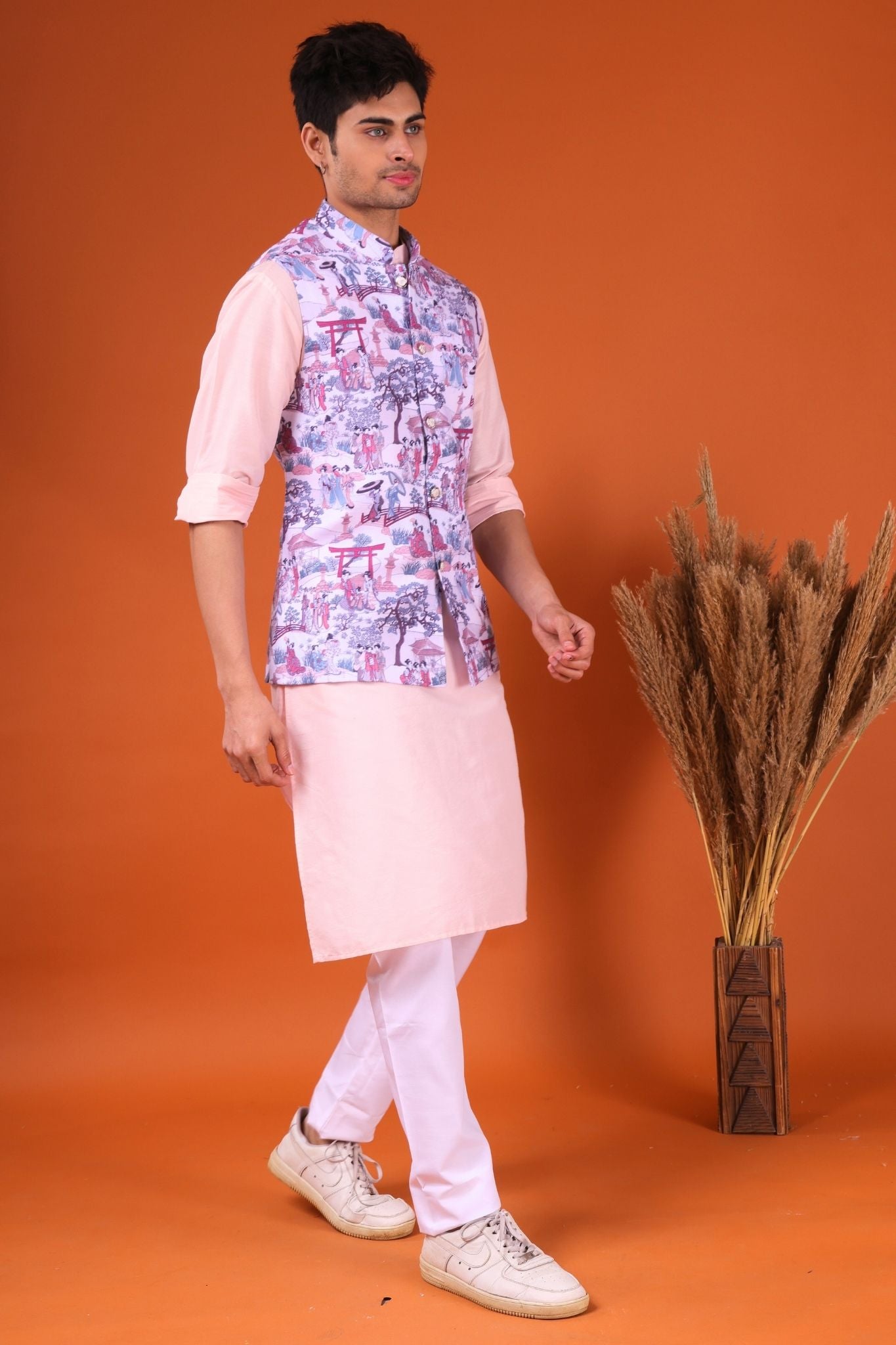 Persion Pink Solid Pattern Silk Kurta Jacket Set