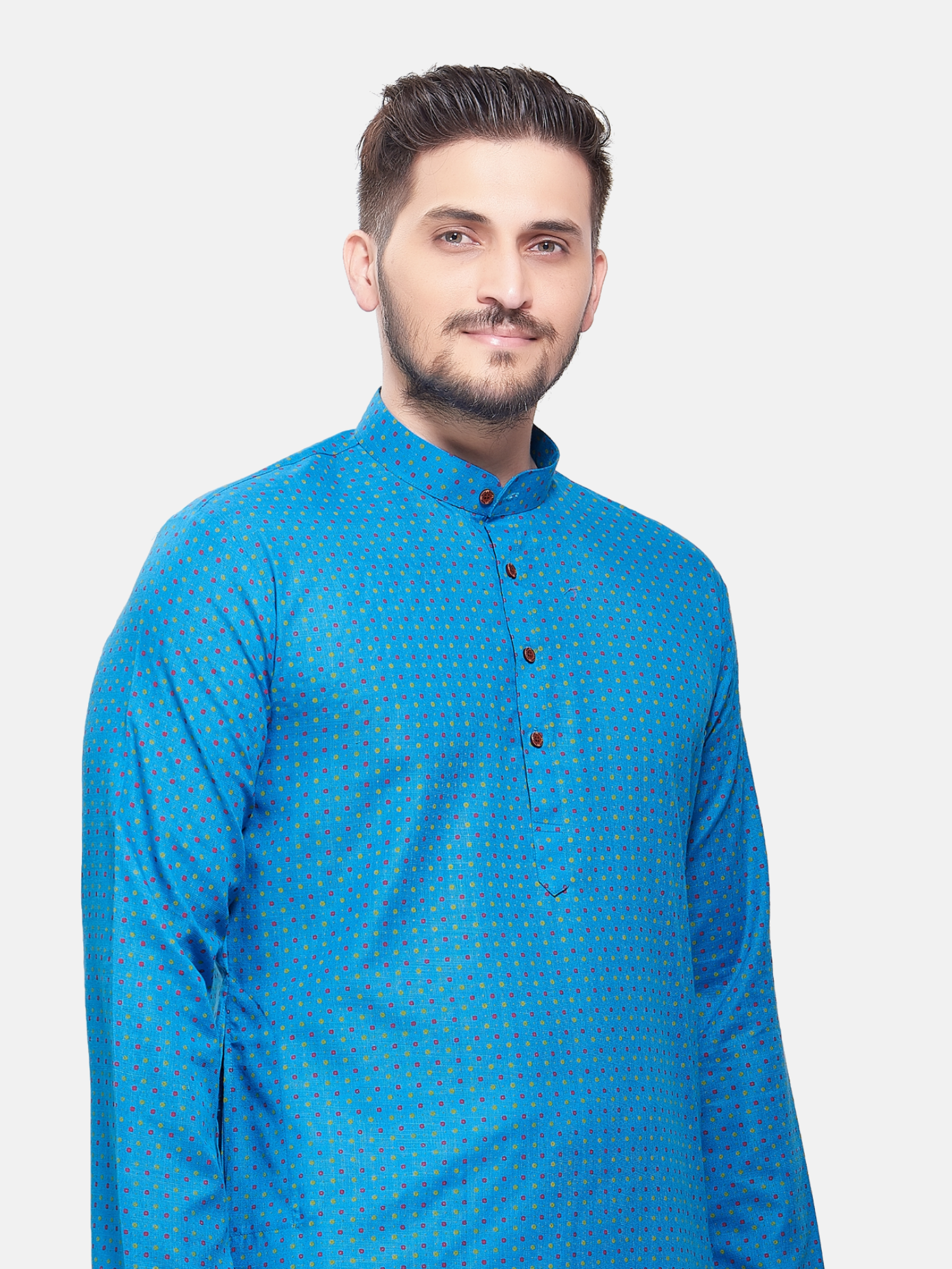 Azure Blue Dot Printed Cotton Kurta and Matching Dhoti