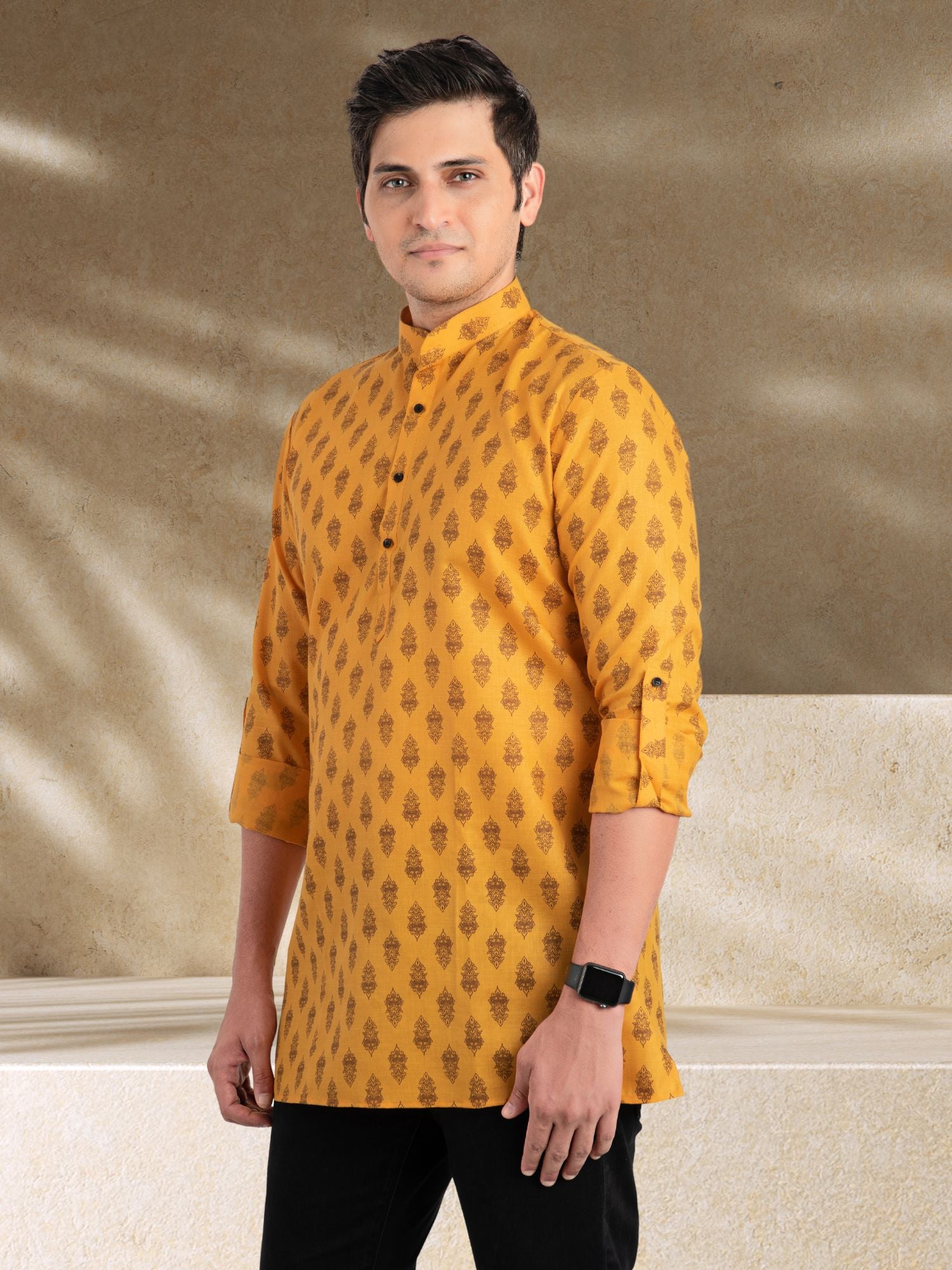 SunShine Yellow Solid Printed Long Sleeves Short Kurta