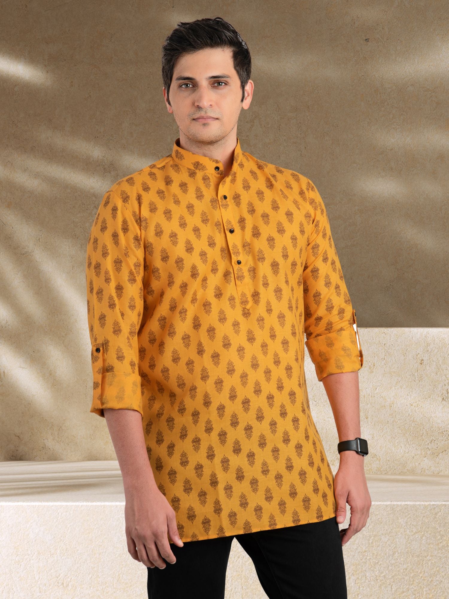 SunShine Yellow Solid Printed Long Sleeves Short Kurta