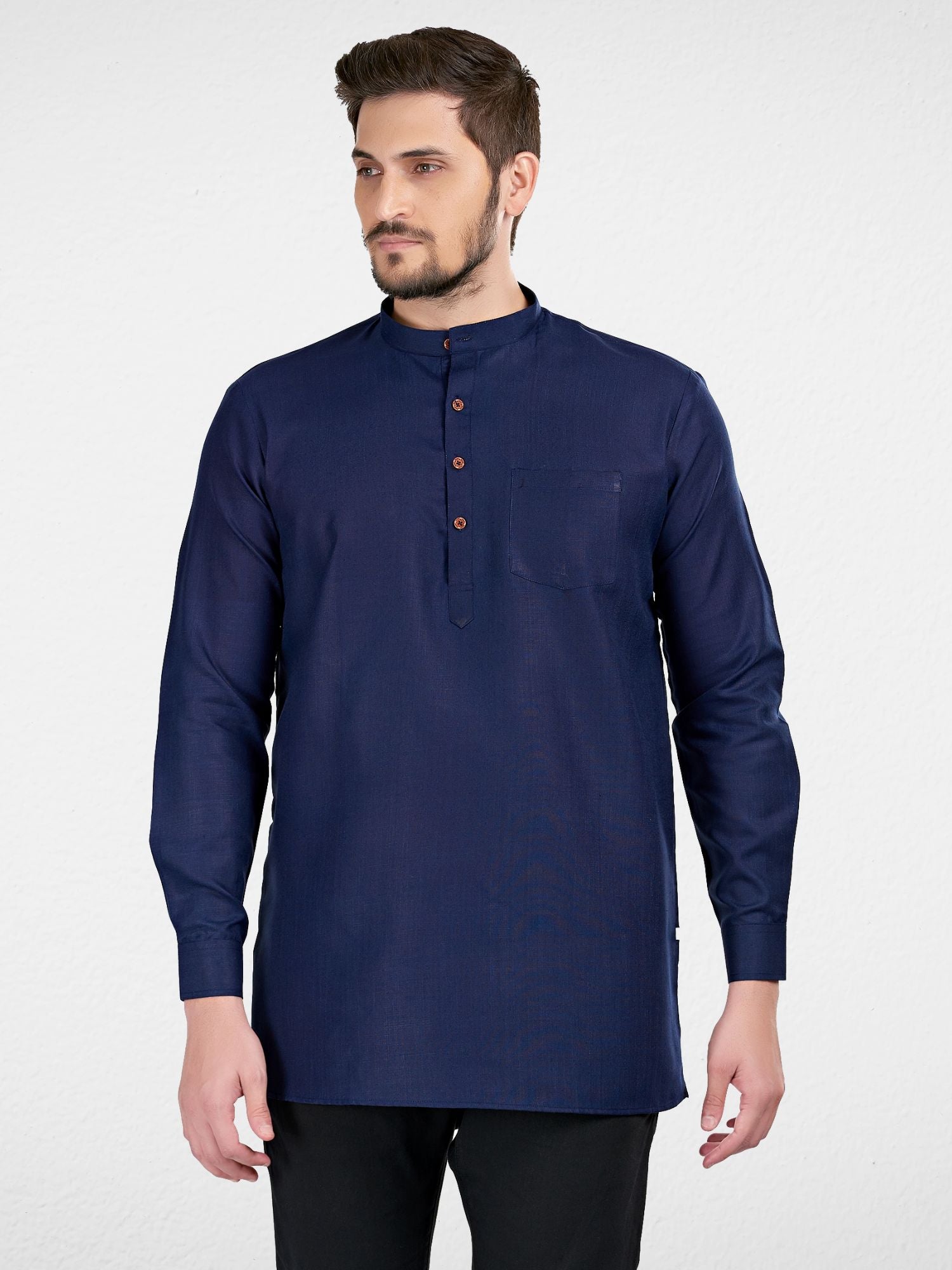 Indigo Blue Solid Long Sleeves Short Kurta
