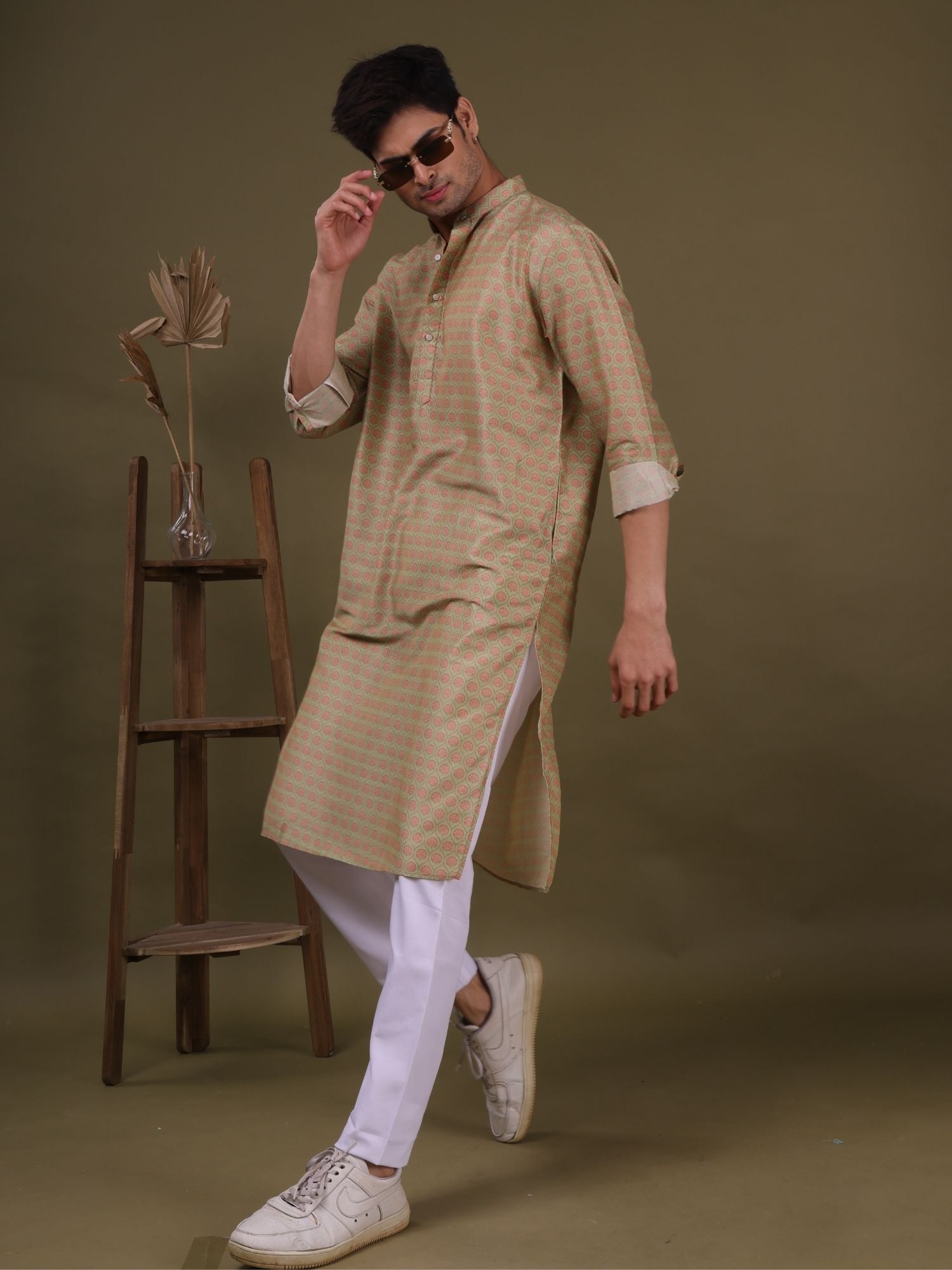 Tropical Green Pastel Cotton Silk Kurta Pajama Set
