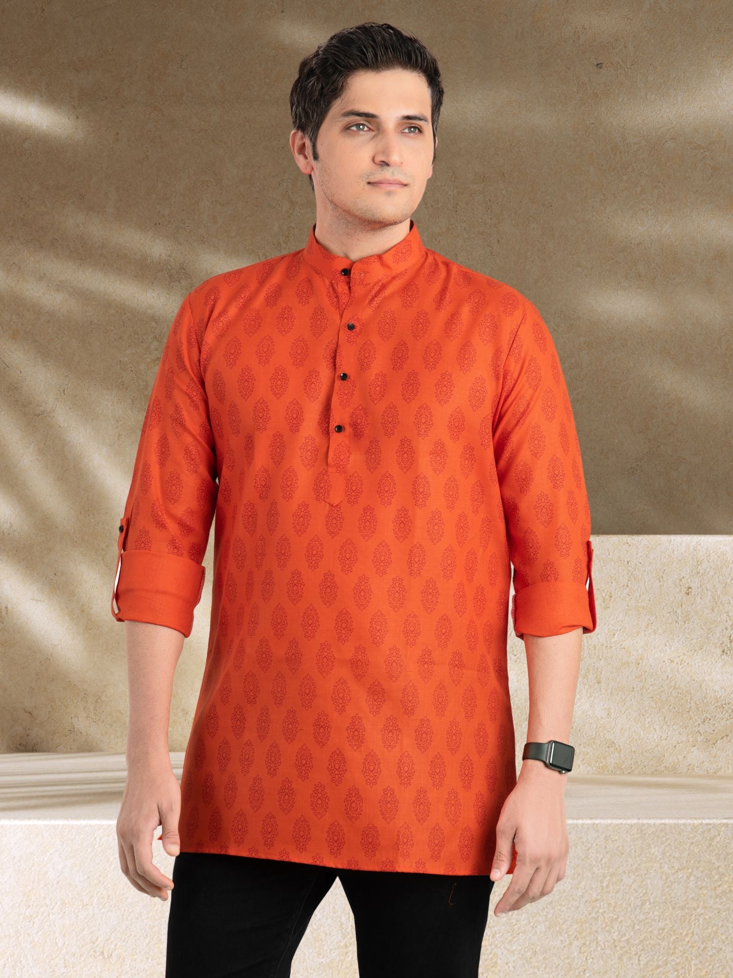 Apricot Orange Solid Printed Long Sleeves Short Kurta
