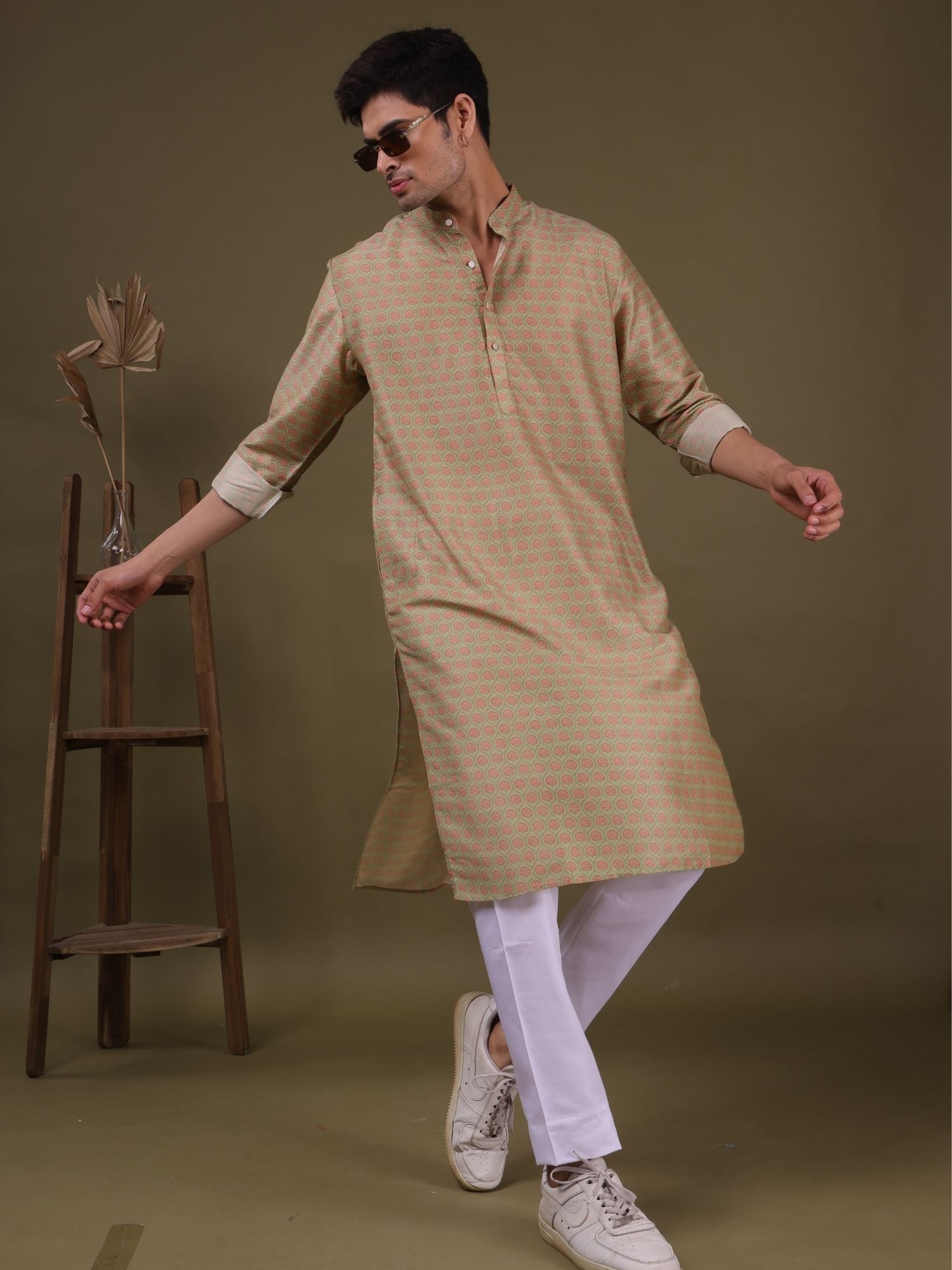 Tropical Green Pastel Cotton Silk Kurta Pajama Set