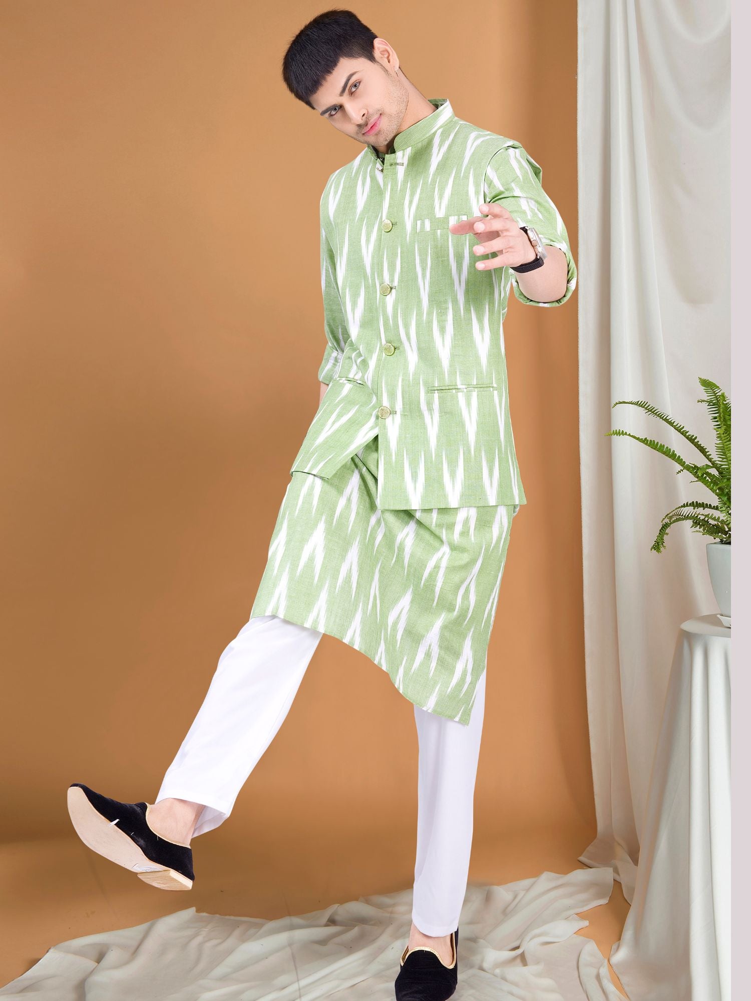Tropical Green Ikat Print Kurta Jacket Set