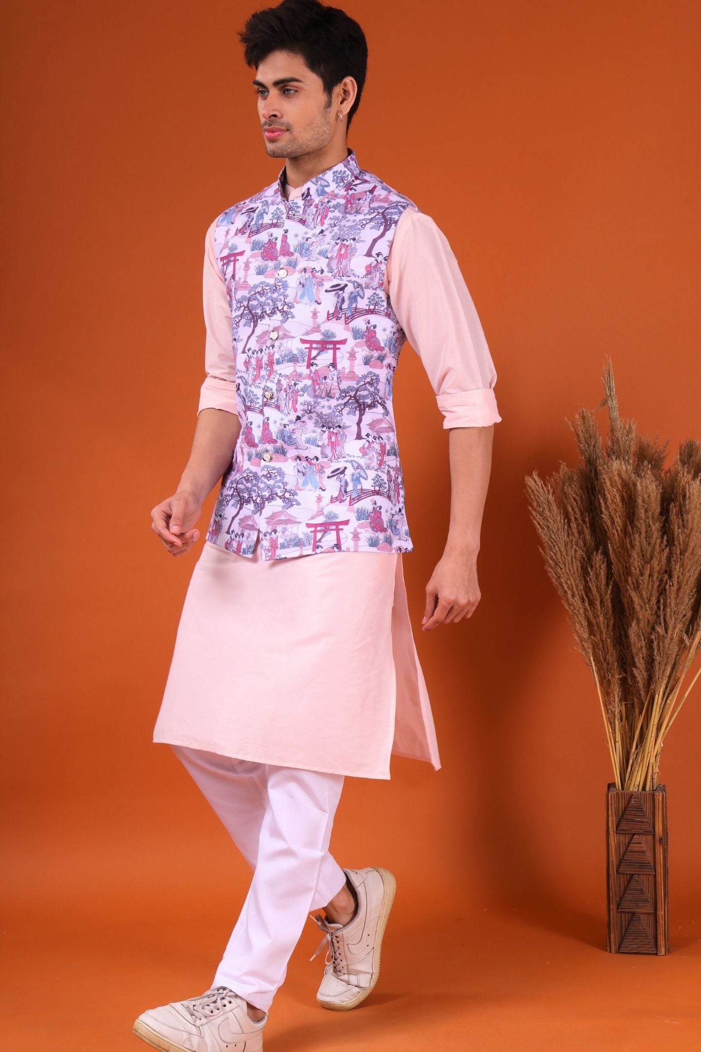 Persion Pink Solid Pattern Silk Kurta Jacket Set