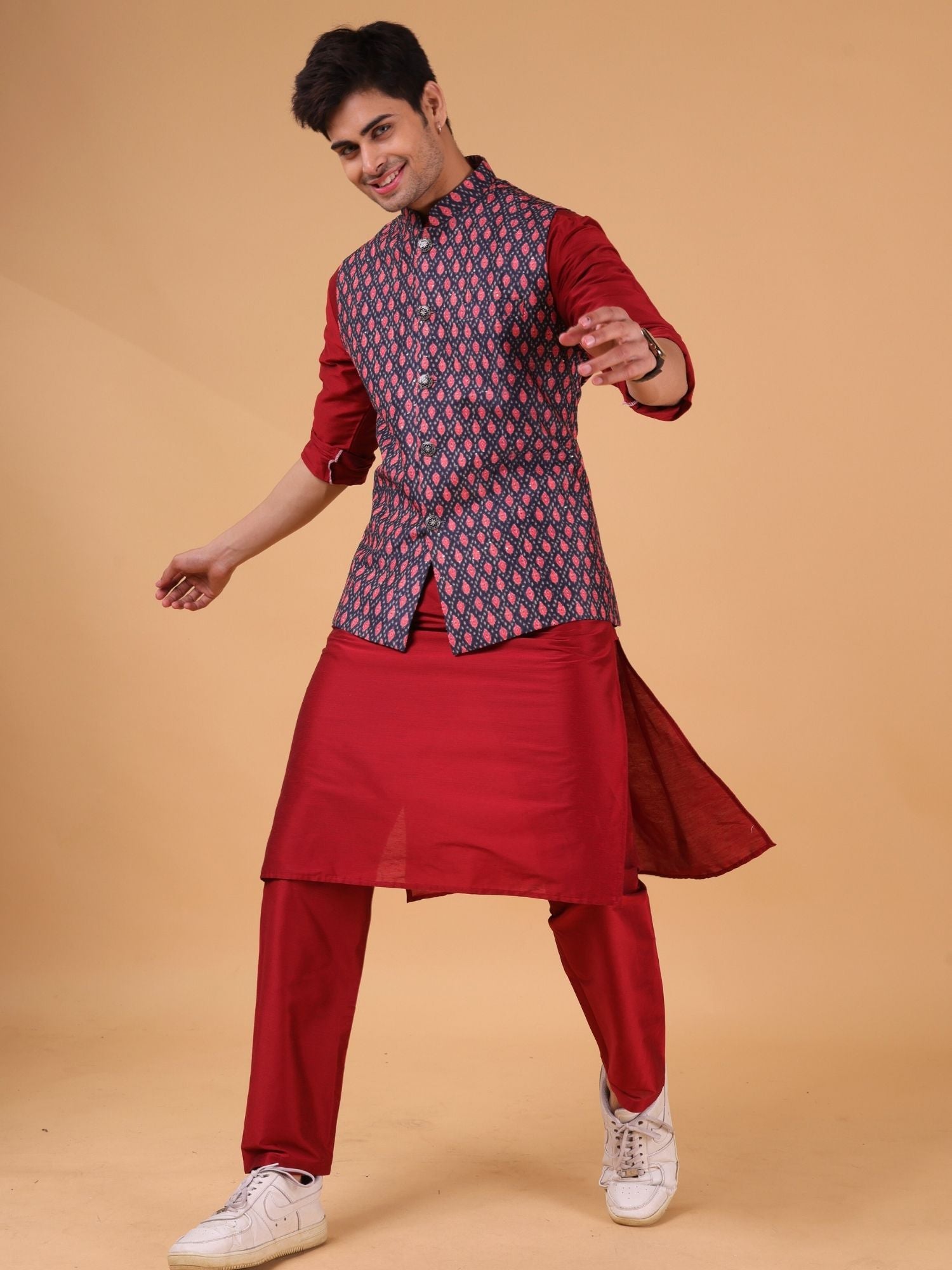 Jade Black Ikat Print Linen Cotton Nehru Jacket