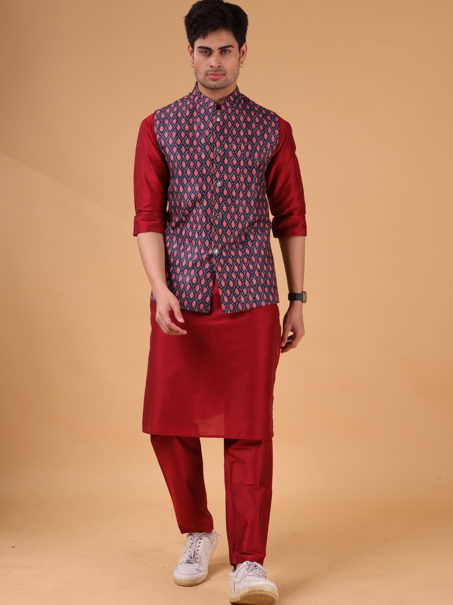 Barn Red Solid Pattern Cotton Silk Kurta Jacket Set