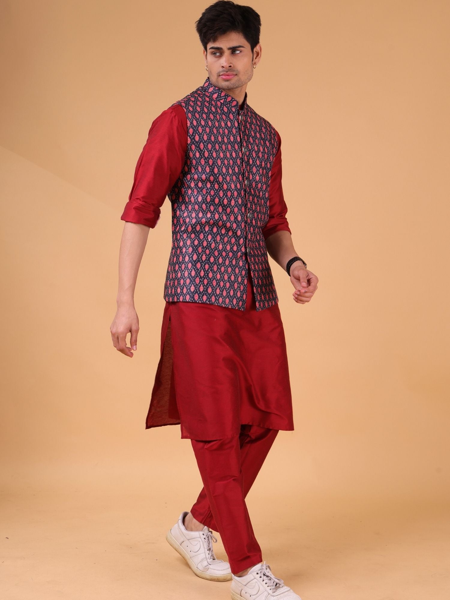 Barn Red Solid Pattern Cotton Silk Kurta Jacket Set