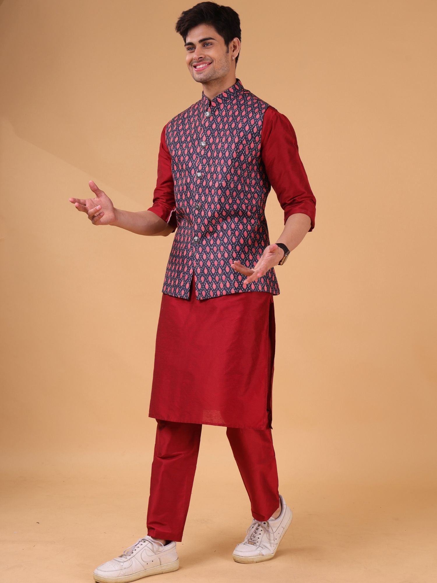 Barn Red Solid Pattern Cotton Silk Kurta Jacket Set