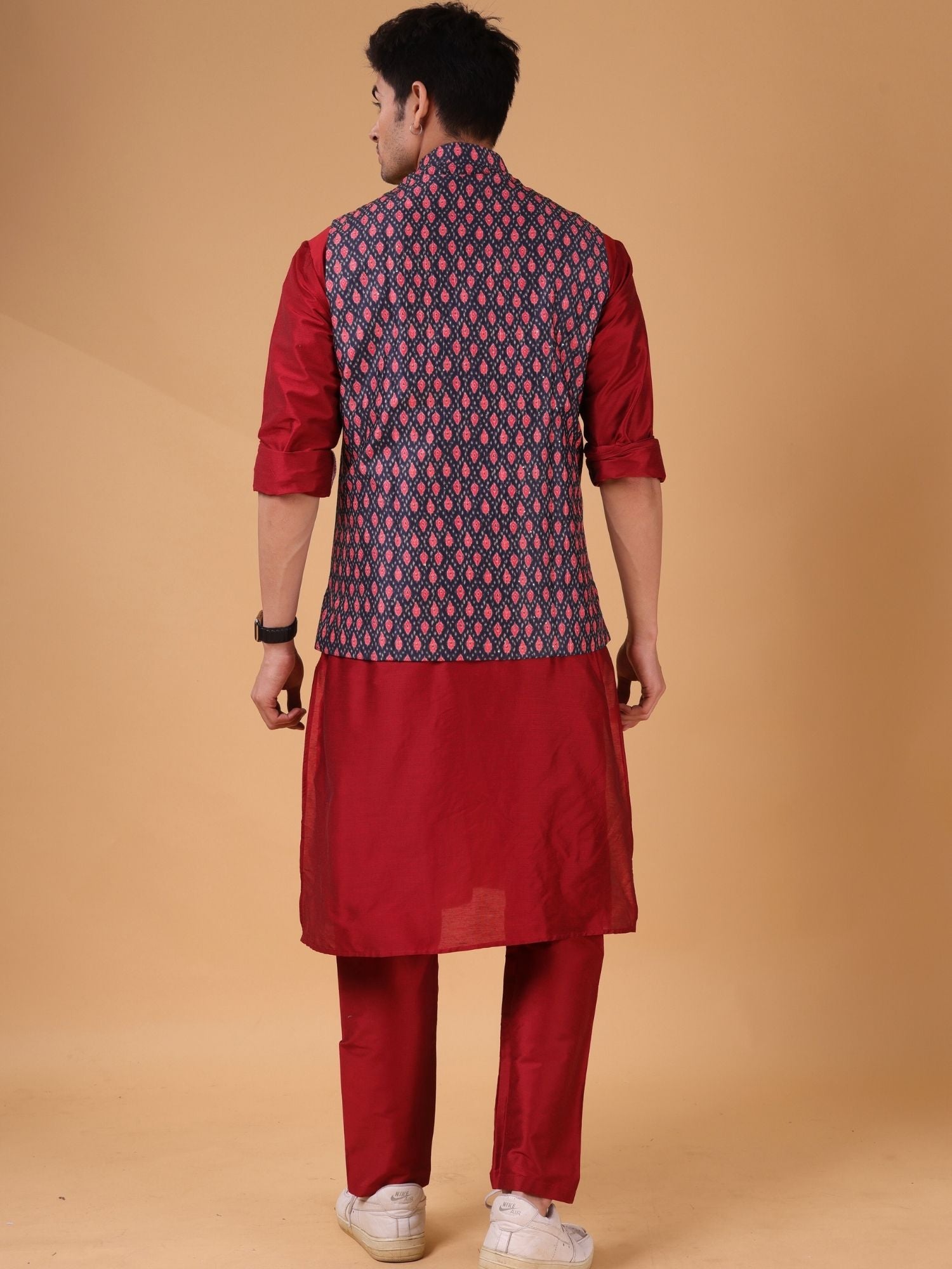 Barn Red Solid Pattern Cotton Silk Kurta Jacket Set