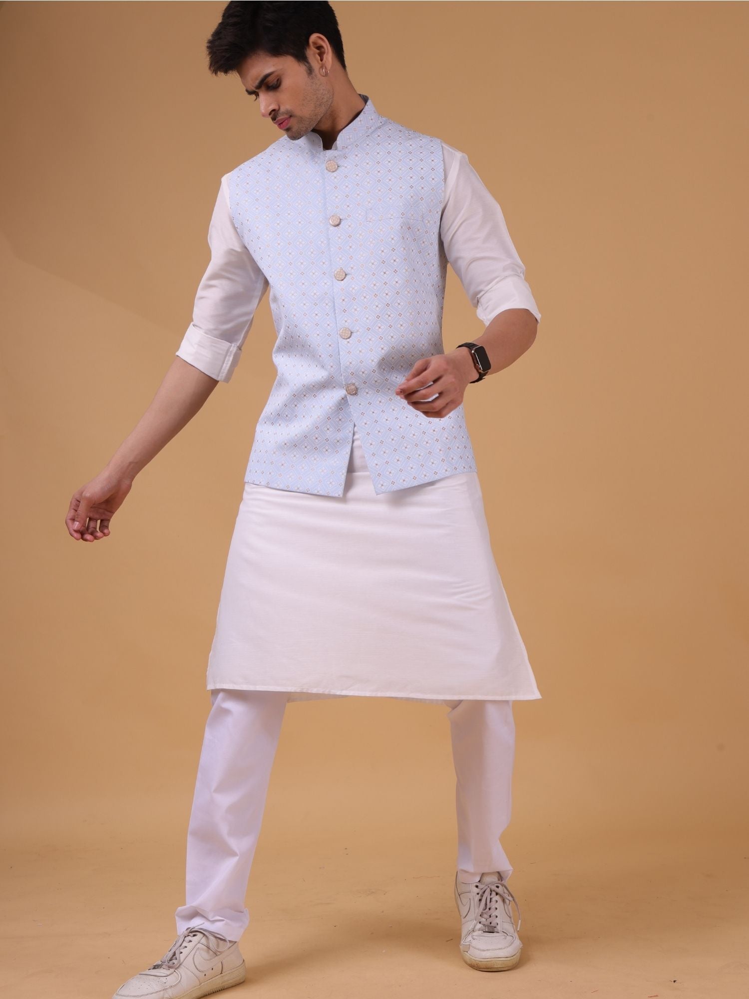 Light Blue Solid Pattern Cotton Silk Kurta Jacket Set