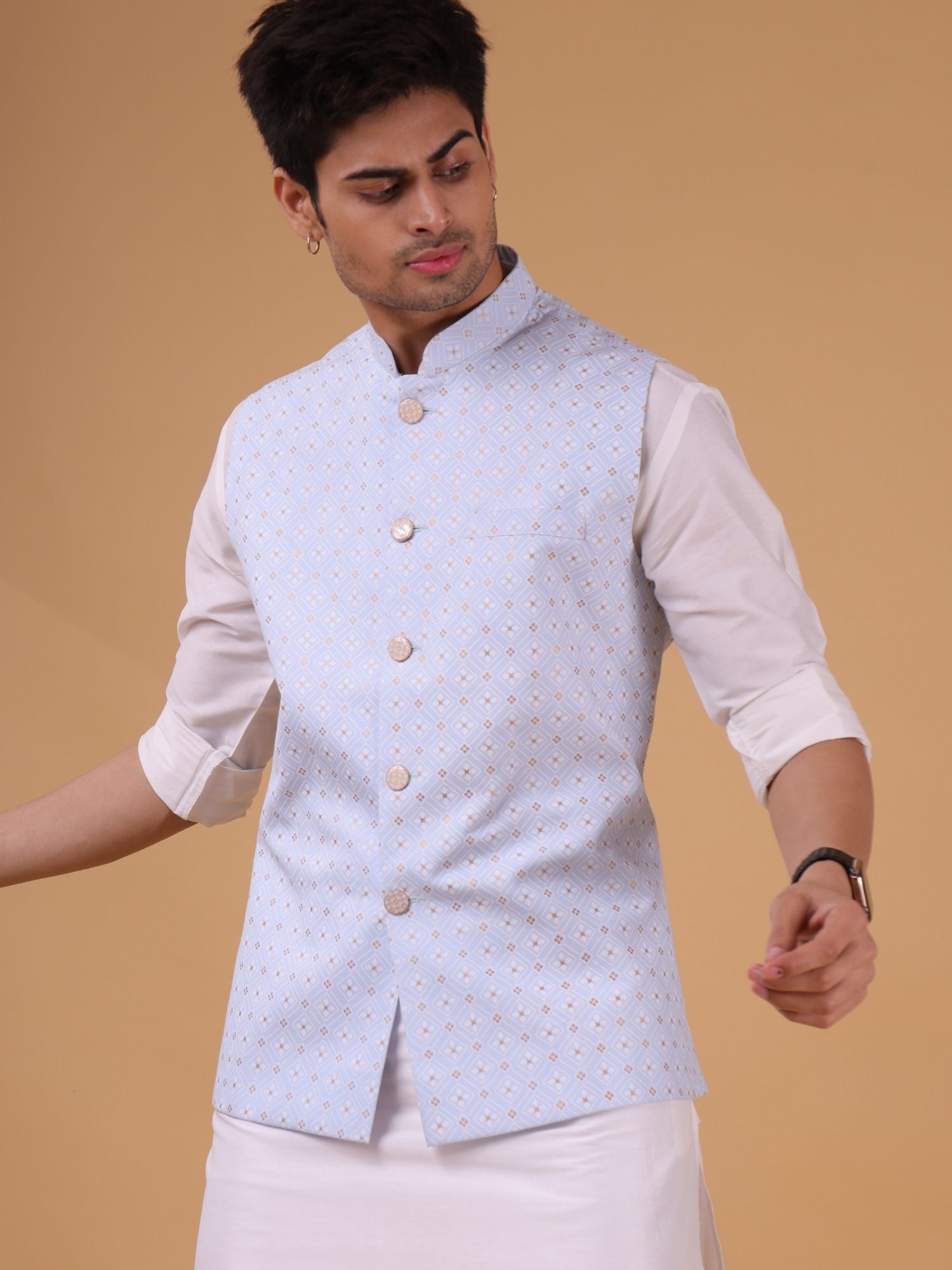 Light Blue Solid Pattern Cotton Silk Kurta Jacket Set