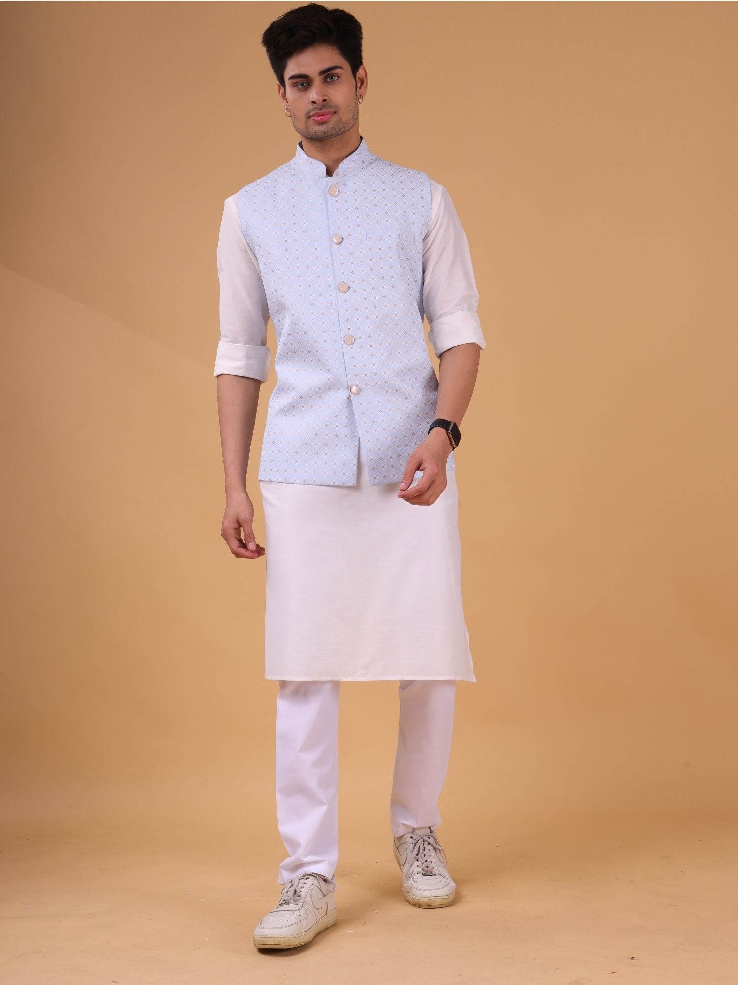 Light Blue Solid Pattern Cotton Silk Kurta Jacket Set