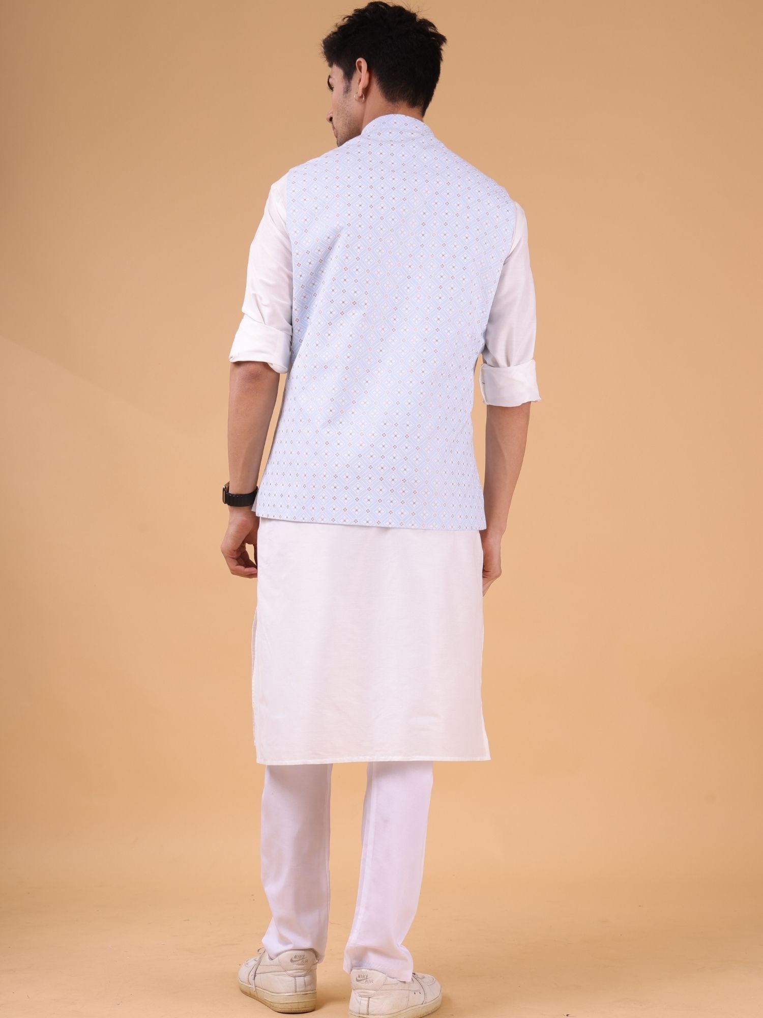 Light Blue Solid Pattern Cotton Silk Kurta Jacket Set