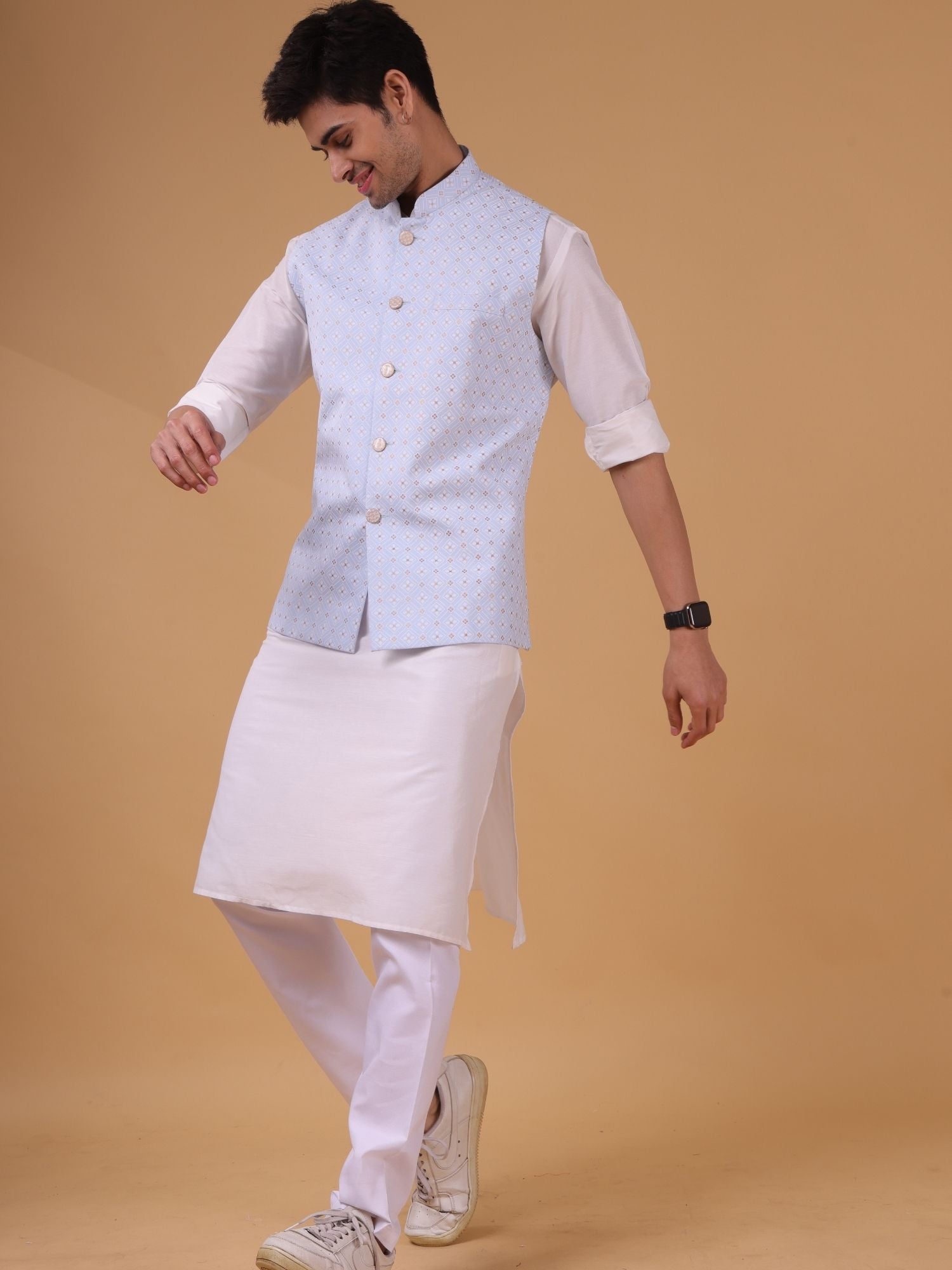 Light Blue Solid Pattern Cotton Silk Kurta Jacket Set