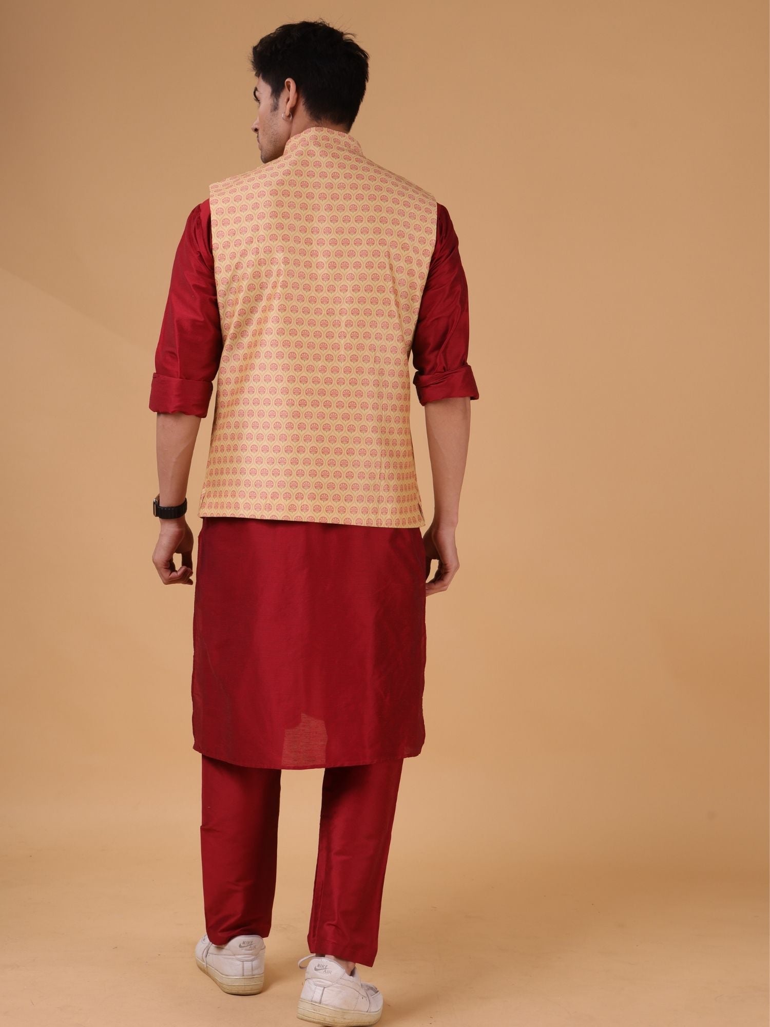 Barn Red Solid Pattern Cotton Silk Kurta Jacket Set