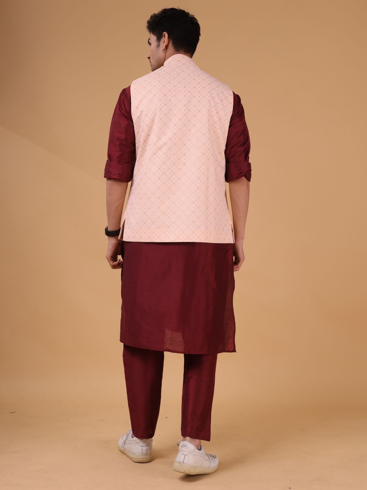 Barn Red Solid Pattern Cotton Silk Kurta Jacket Set