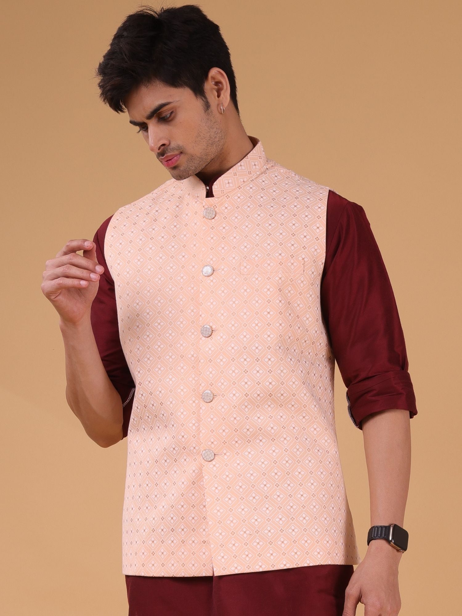 Butter Cream Lotus Gold Linen Cotton Nehru Jacket