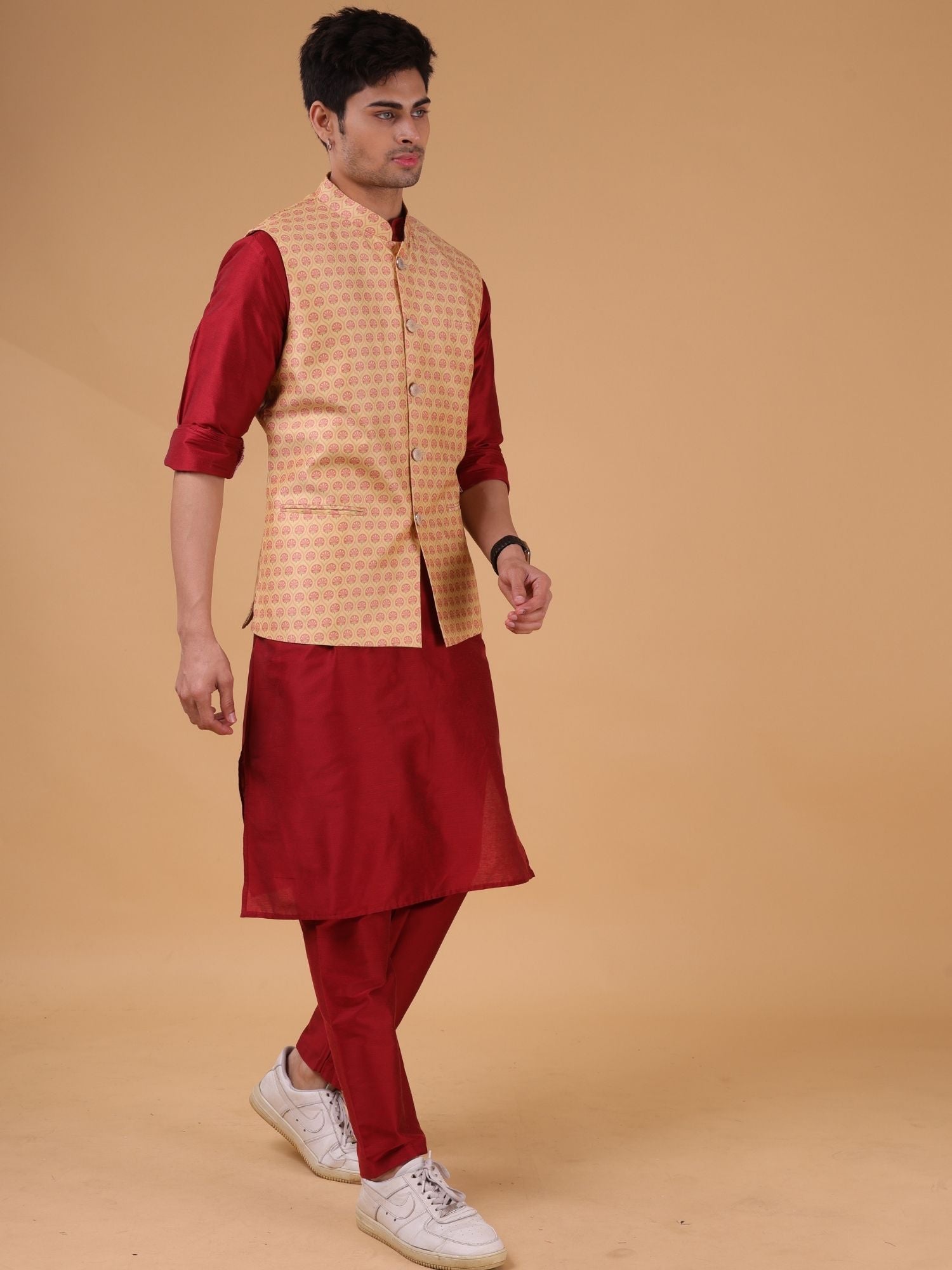 Barn Red Solid Pattern Cotton Silk Kurta Jacket Set