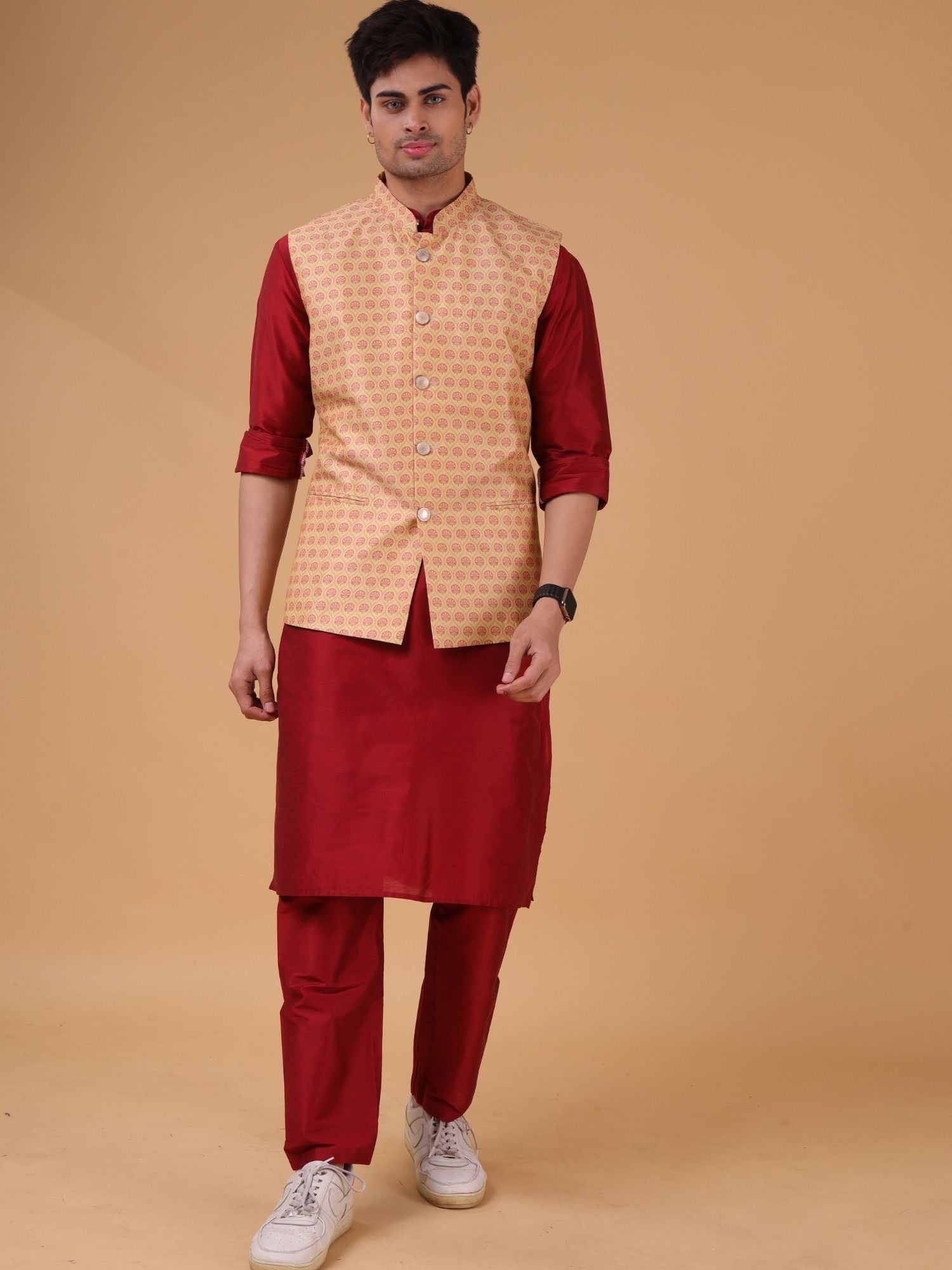 Barn Red Solid Pattern Cotton Silk Kurta Jacket Set
