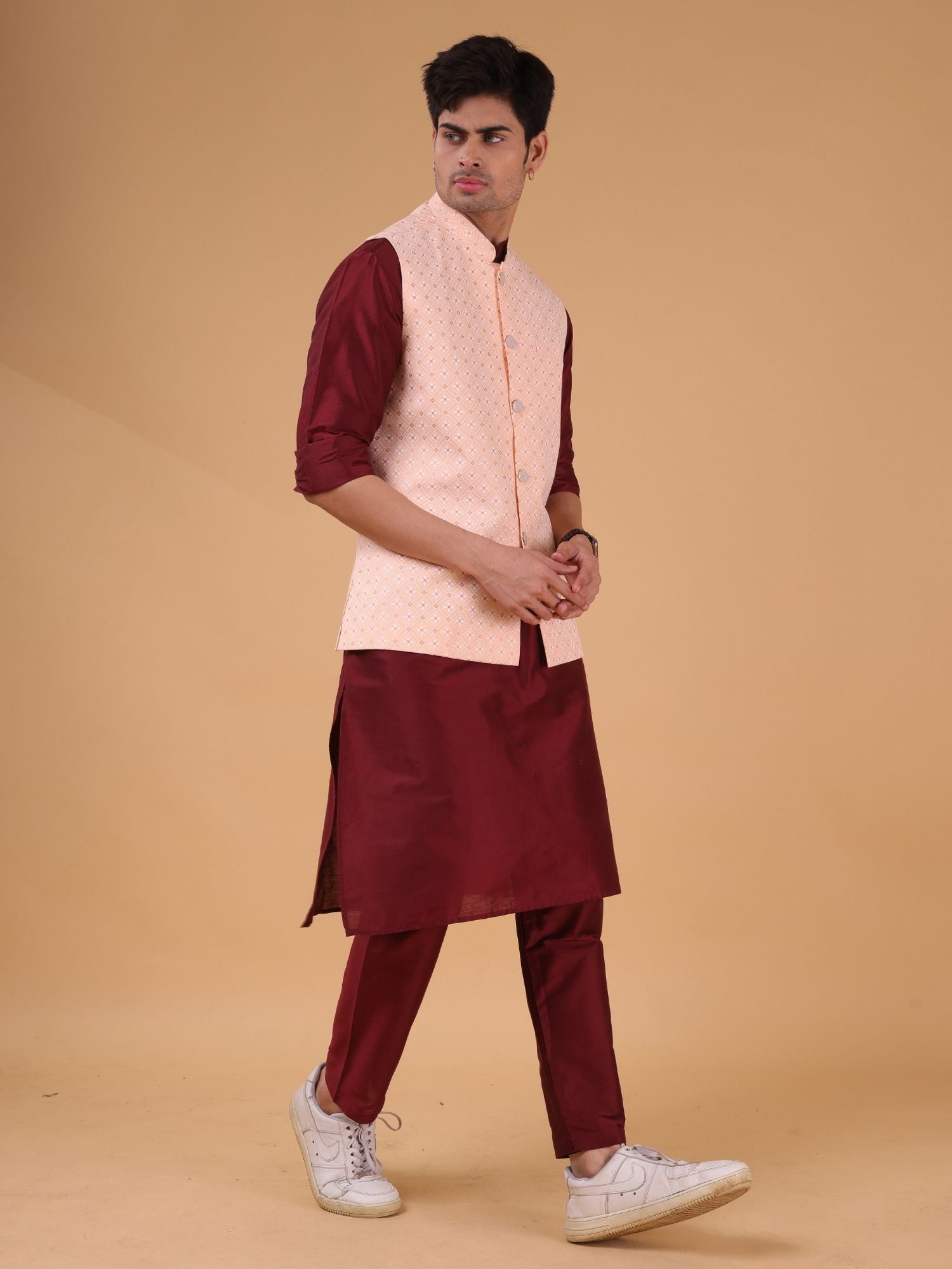 Barn Red Solid Pattern Cotton Silk Kurta Jacket Set
