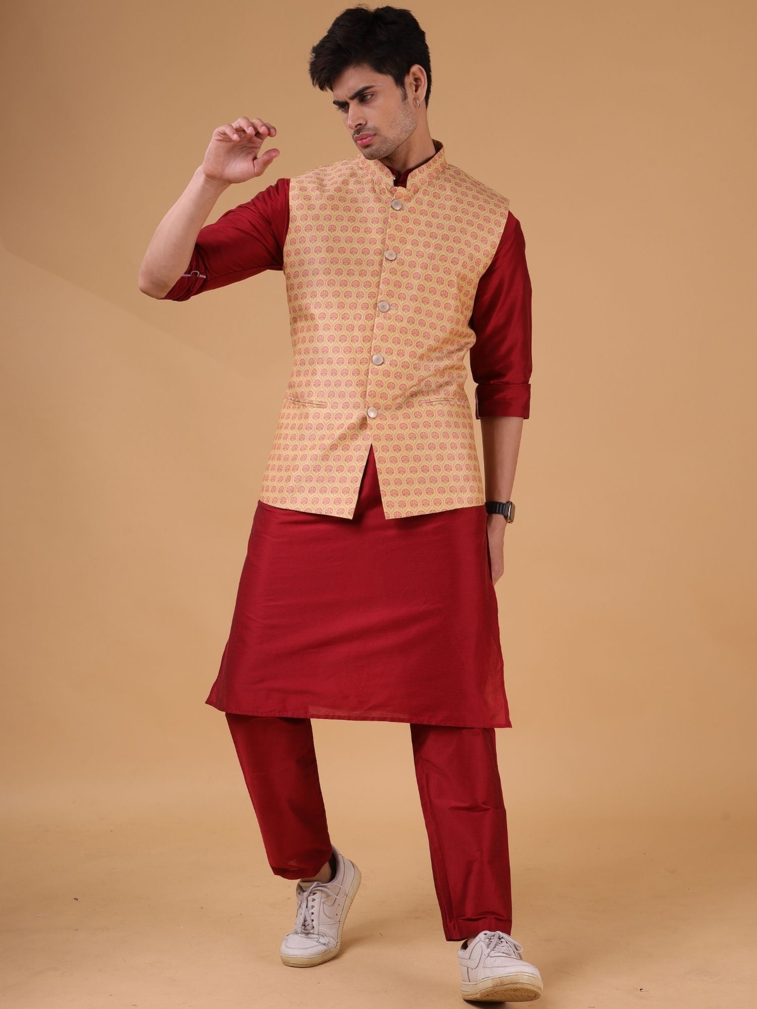 Barn Red Solid Pattern Cotton Silk Kurta Jacket Set