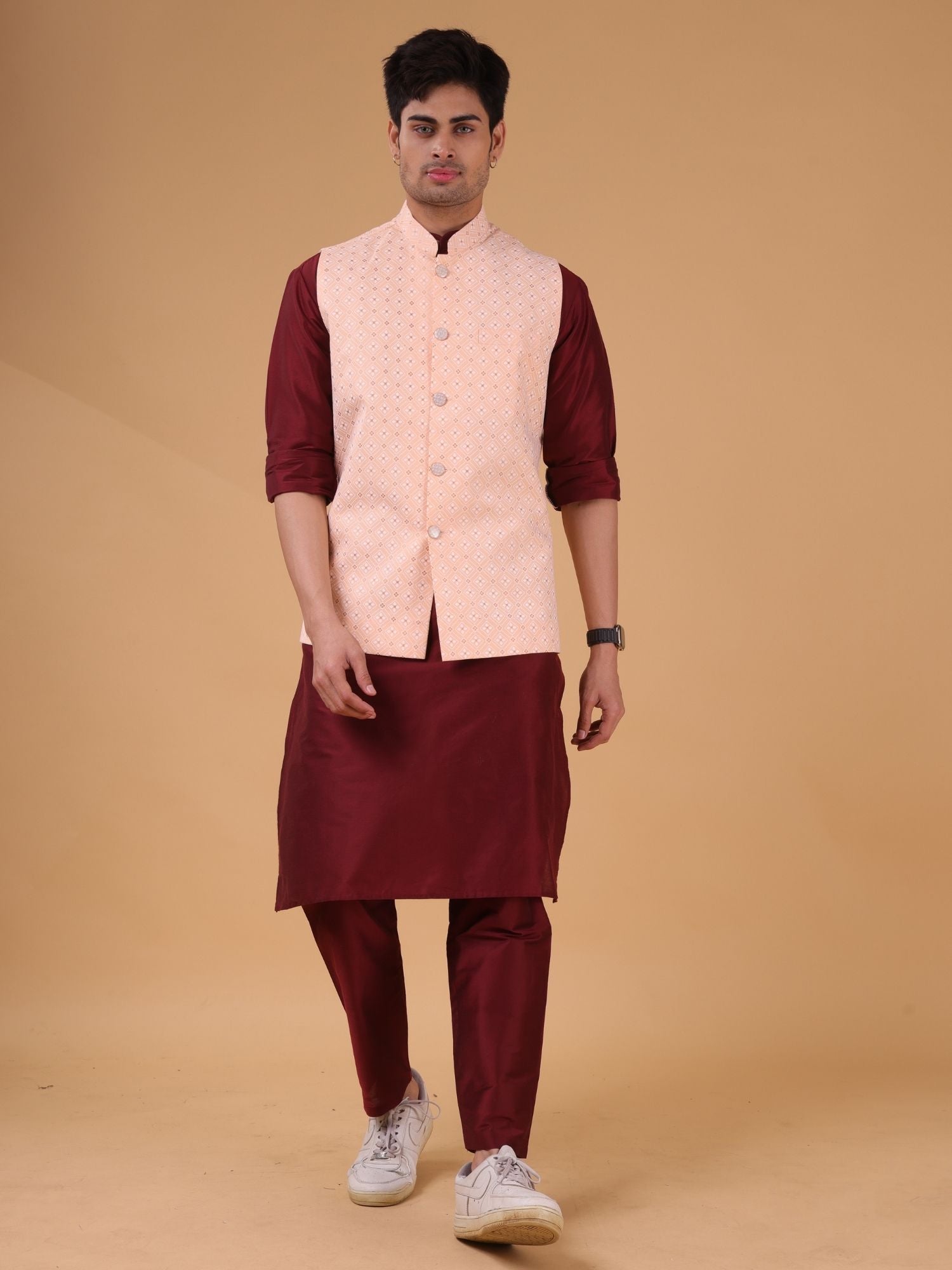 Barn Red Solid Pattern Cotton Silk Kurta Jacket Set