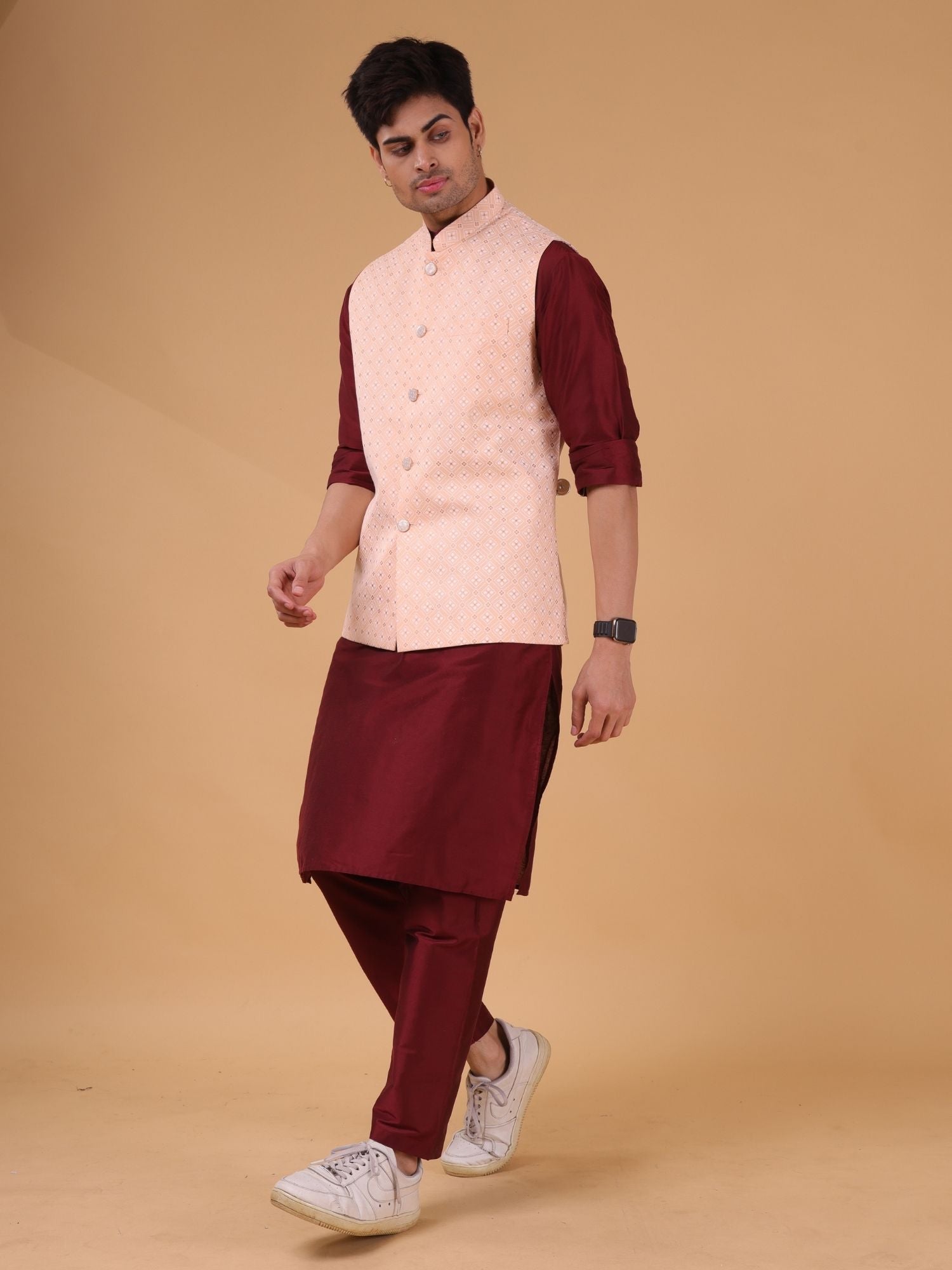 Barn Red Solid Pattern Cotton Silk Kurta Jacket Set