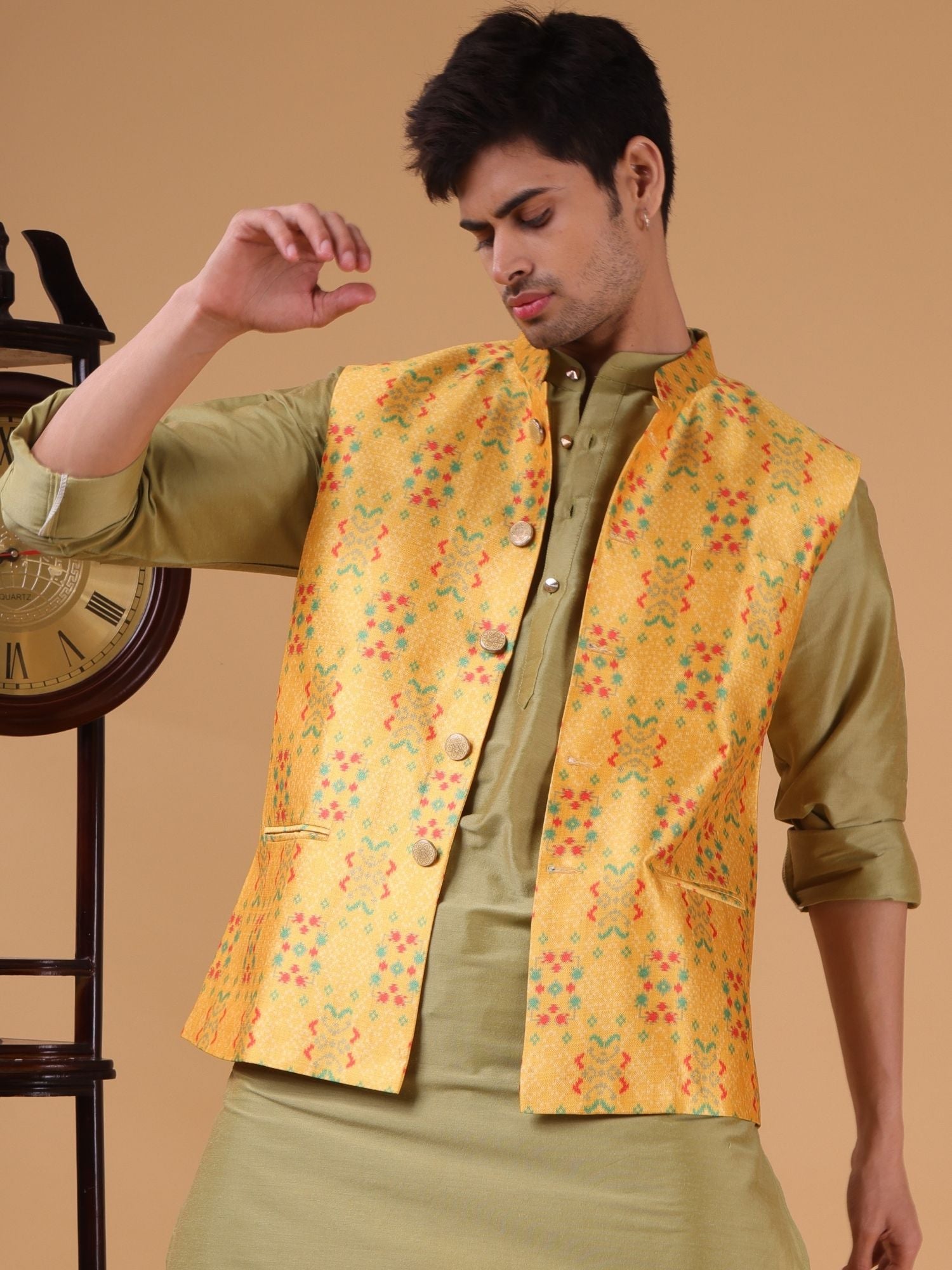 Tropical Green Solid Pattern Cotton Silk Kurta Jacket Set