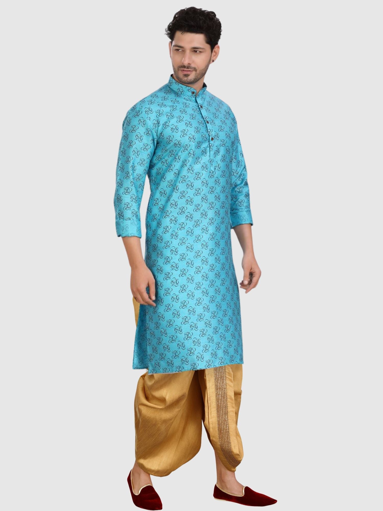 Iris Blue Printed Silk Kurta Pitambari Dhoti Set