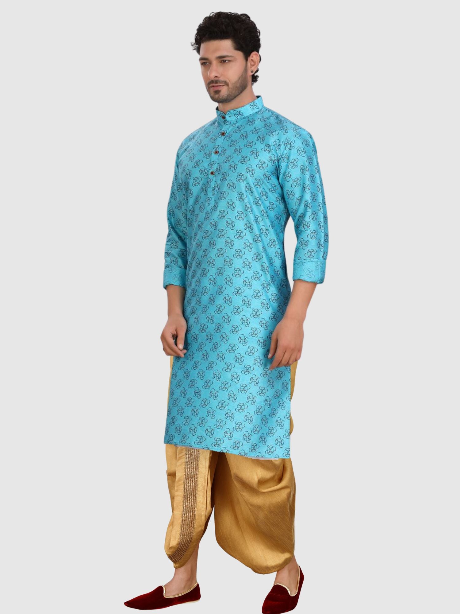 Iris Blue Printed Silk Kurta Pitambari Dhoti Set