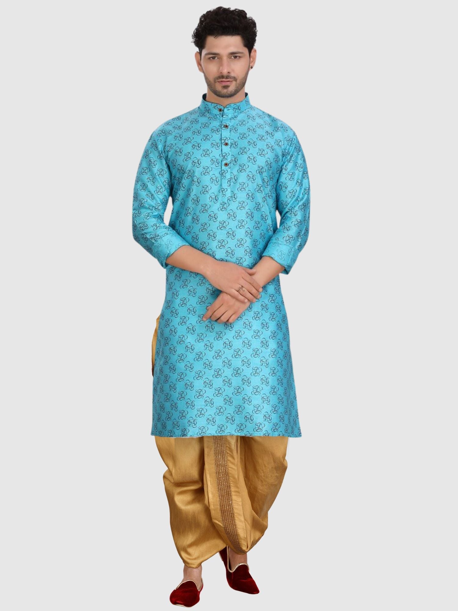 Iris Blue Printed Silk Kurta Pitambari Dhoti Set