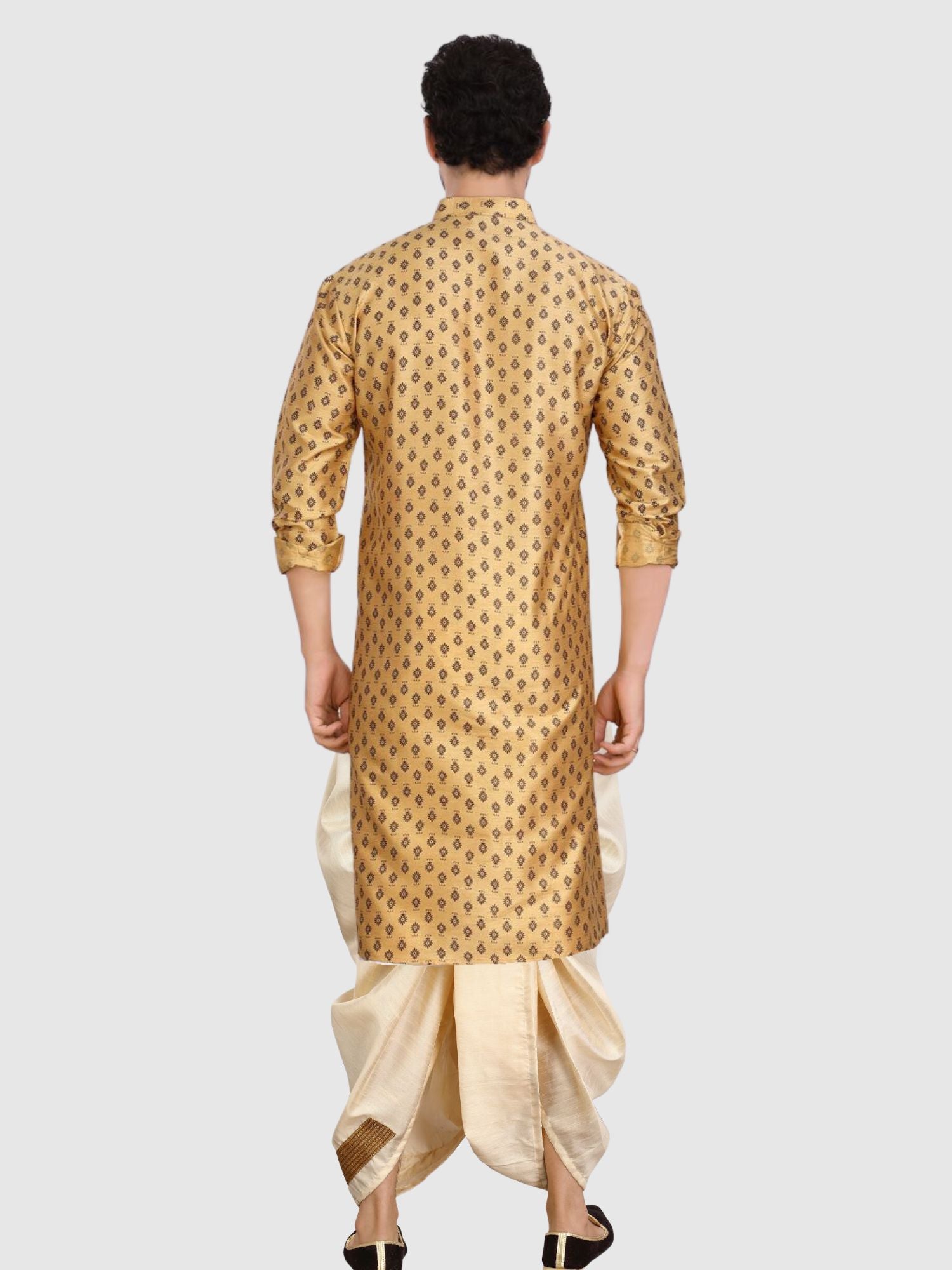 Butter Cream Printed Silk Kurta Pitambari Dhoti Set