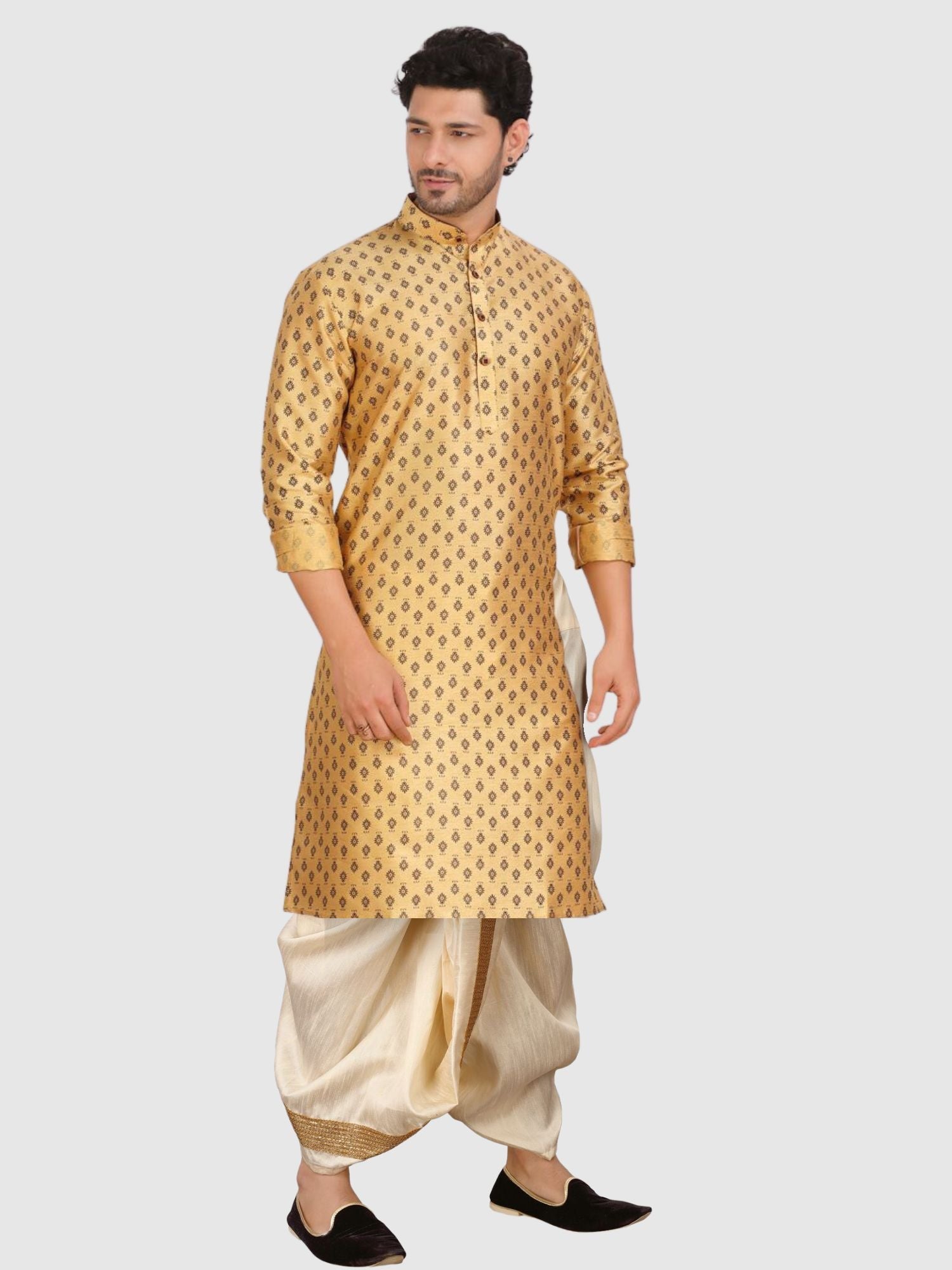 Butter Cream Printed Silk Kurta Pitambari Dhoti Set