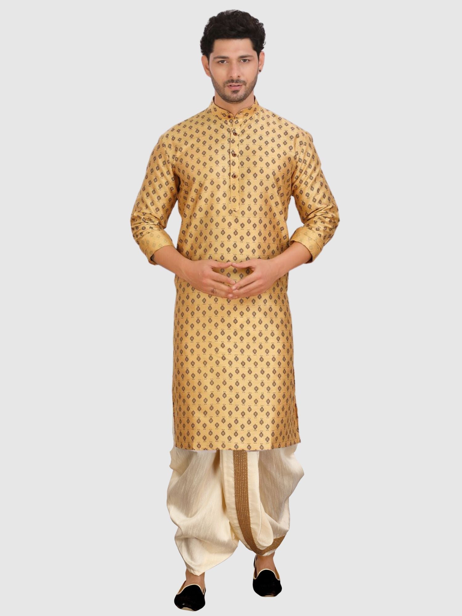 Butter Cream Printed Silk Kurta Pitambari Dhoti Set
