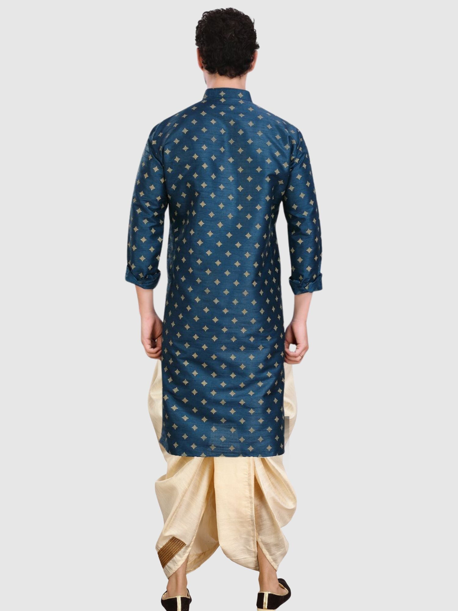 Navy Blue Printed Silk Kurta Pitambari Dhoti Set