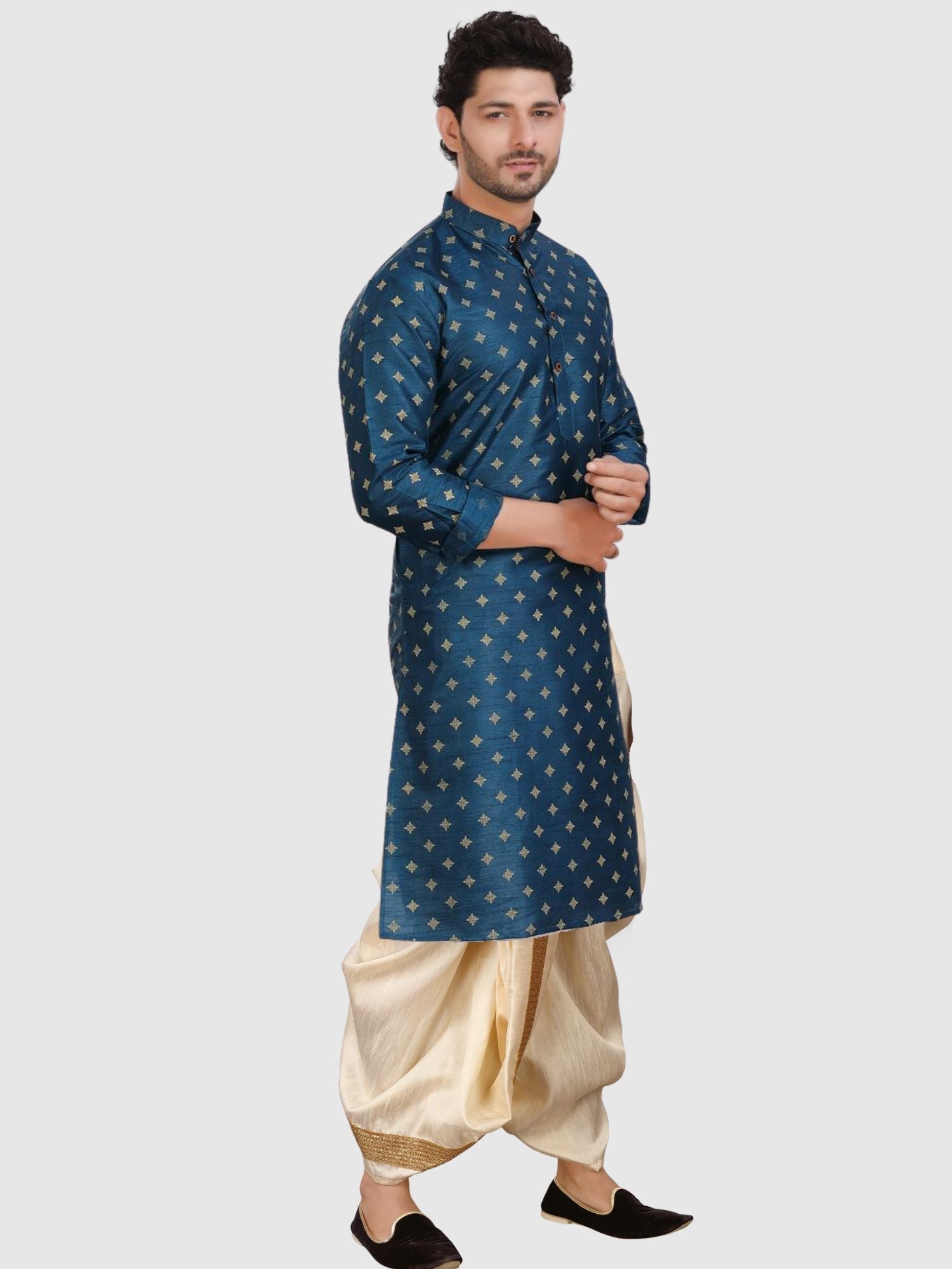 Navy Blue Printed Silk Kurta Pitambari Dhoti Set