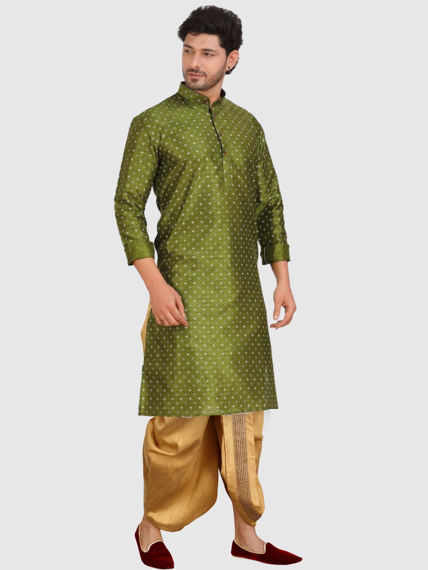 Forest Green Printed Silk Kurta Pitambari Dhoti Set