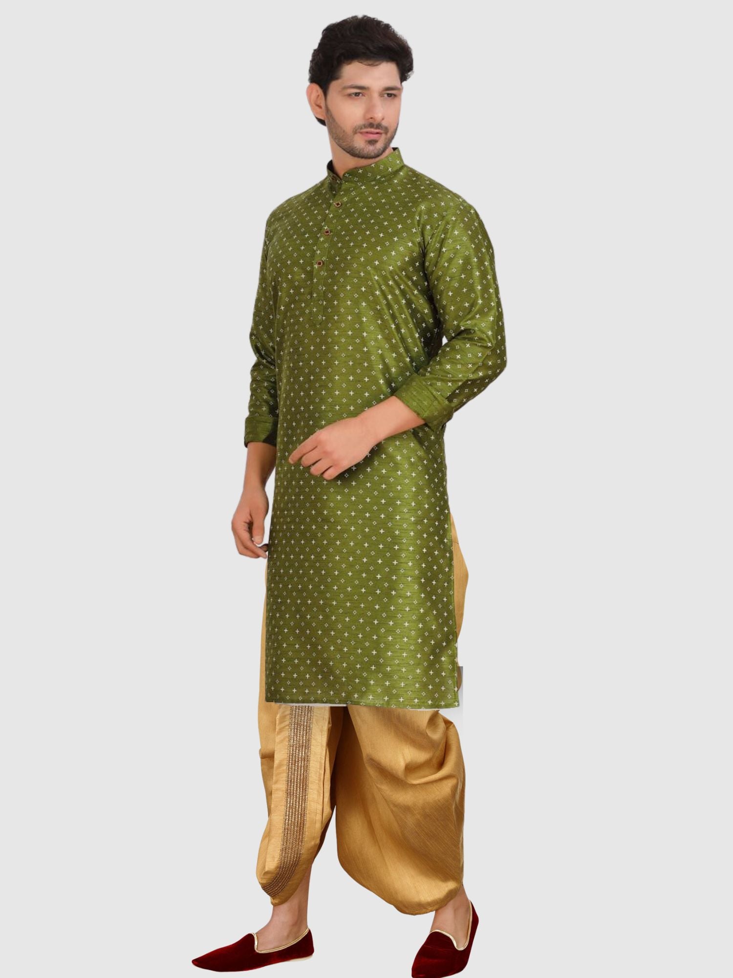 Forest Green Printed Silk Kurta Pitambari Dhoti Set
