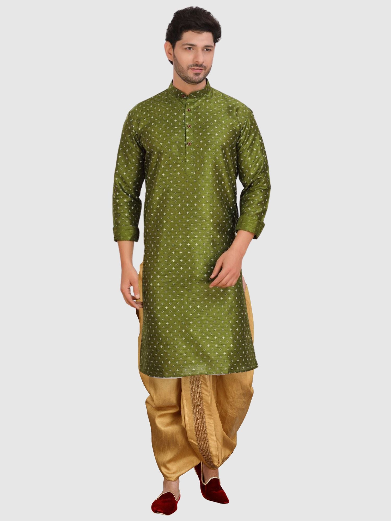 Forest Green Printed Silk Kurta Pitambari Dhoti Set