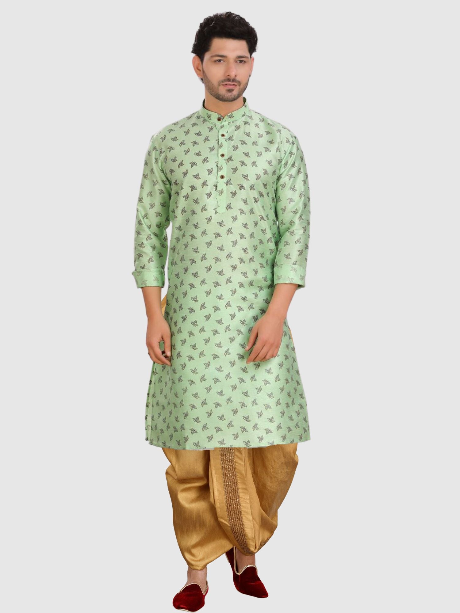 Pistachio Green Printed Silk Kurta Pitambari Dhoti Set