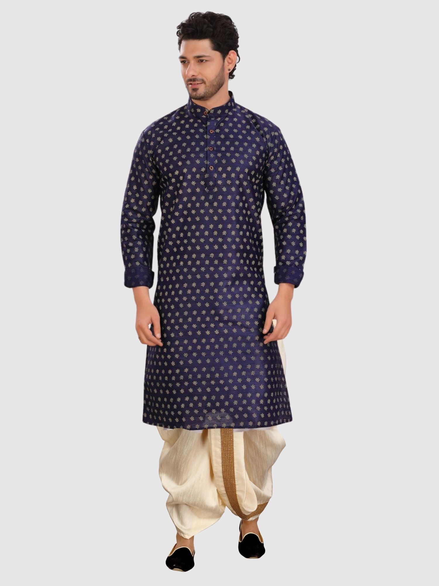 Azure Blue Printed Silk Kurta Pitambari Dhoti Set