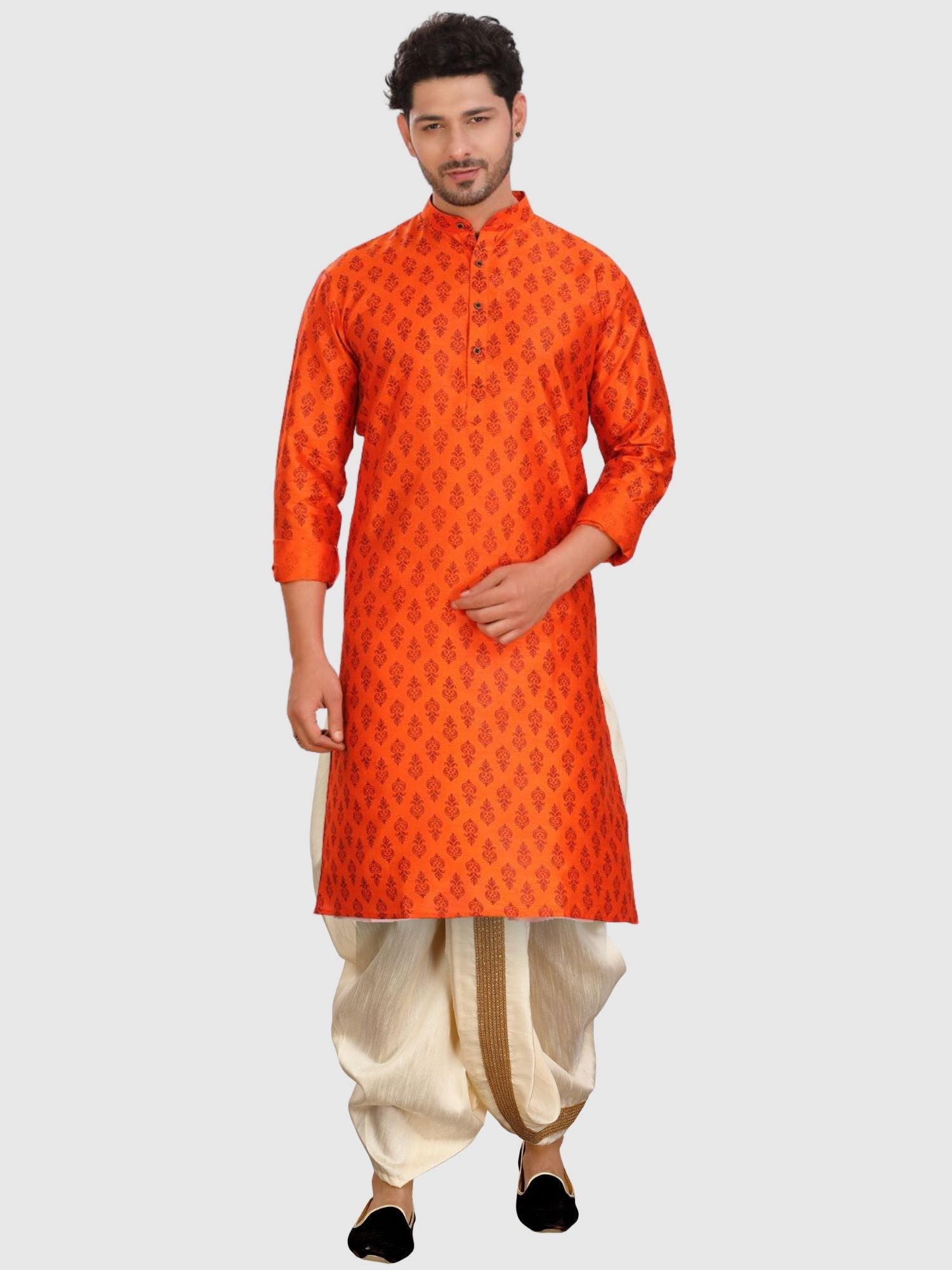 Tiger Orange Printed Silk Kurta Pitambari Dhoti Set