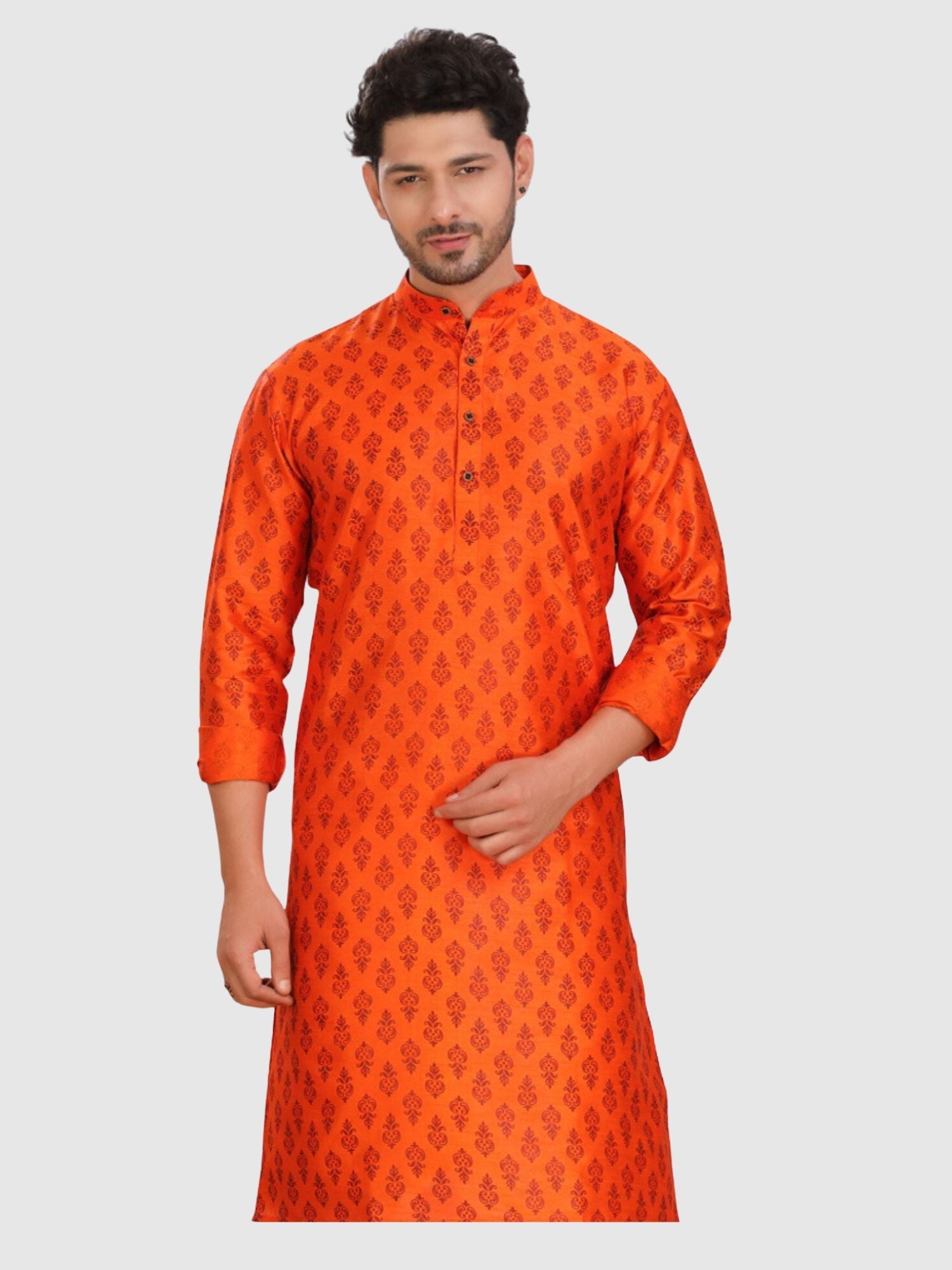 Tiger Orange Printed Silk Kurta Pitambari Dhoti Set
