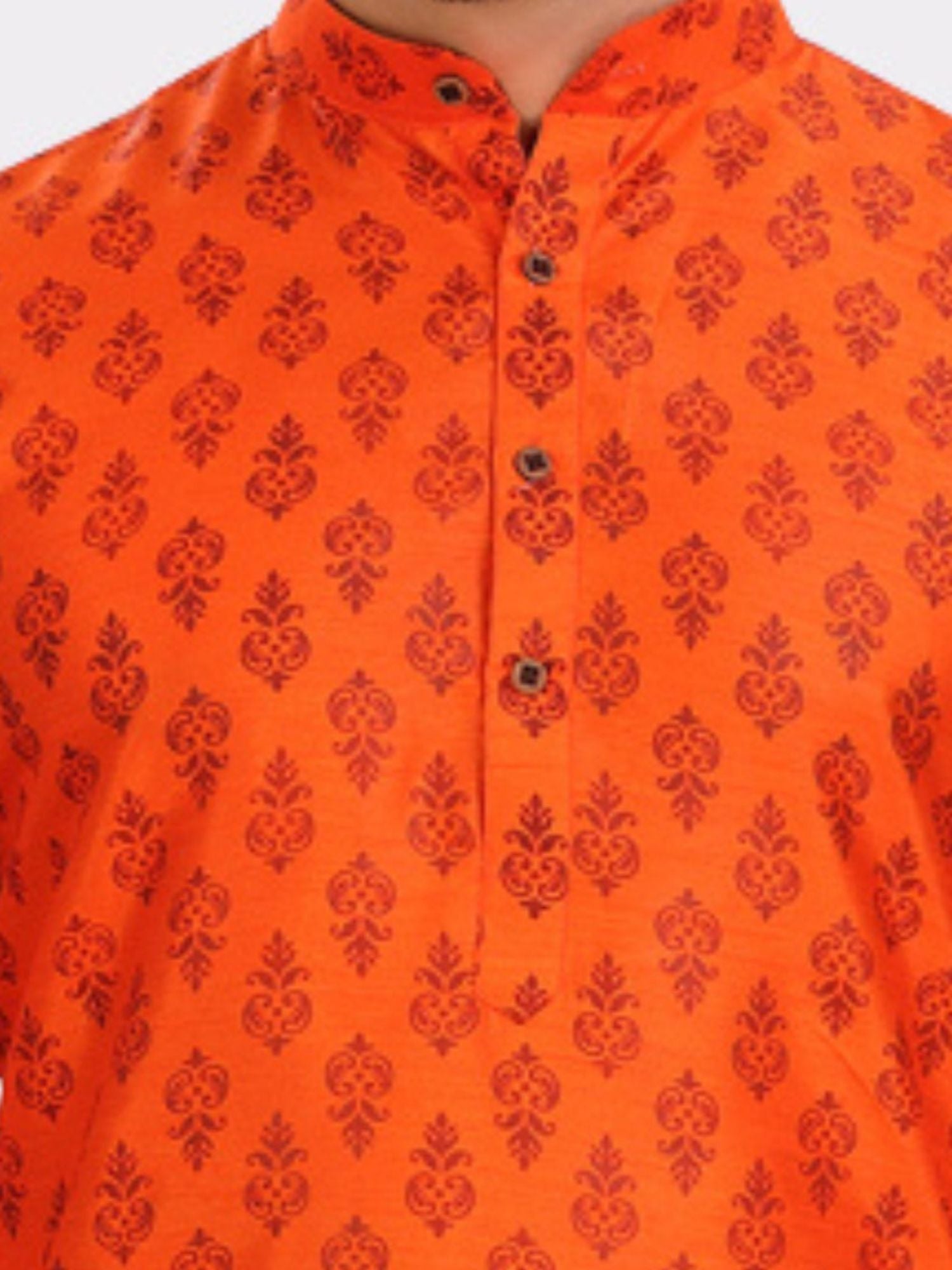 Tiger Orange Printed Silk Kurta Pitambari Dhoti Set