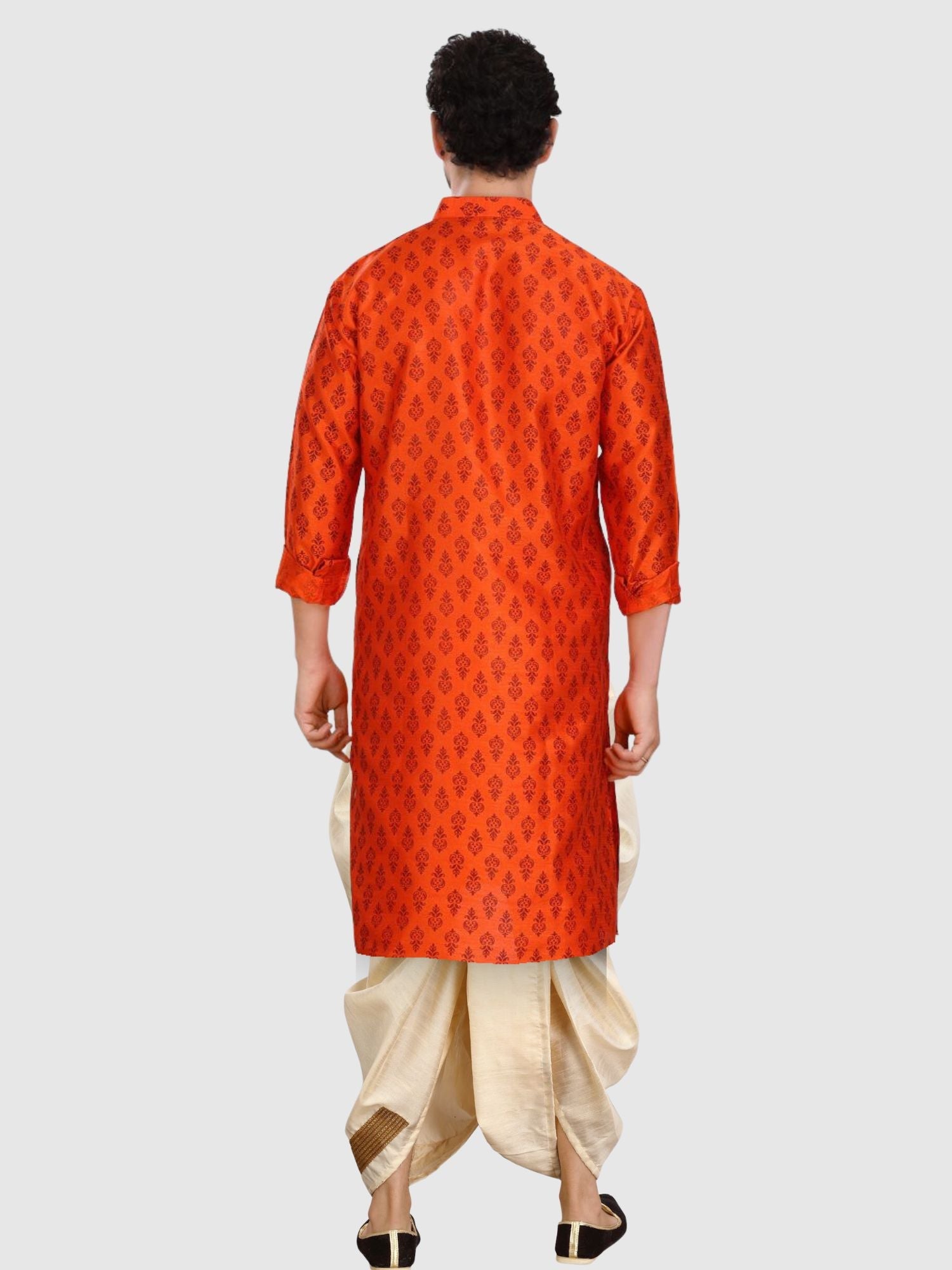 Tiger Orange Printed Silk Kurta Pitambari Dhoti Set