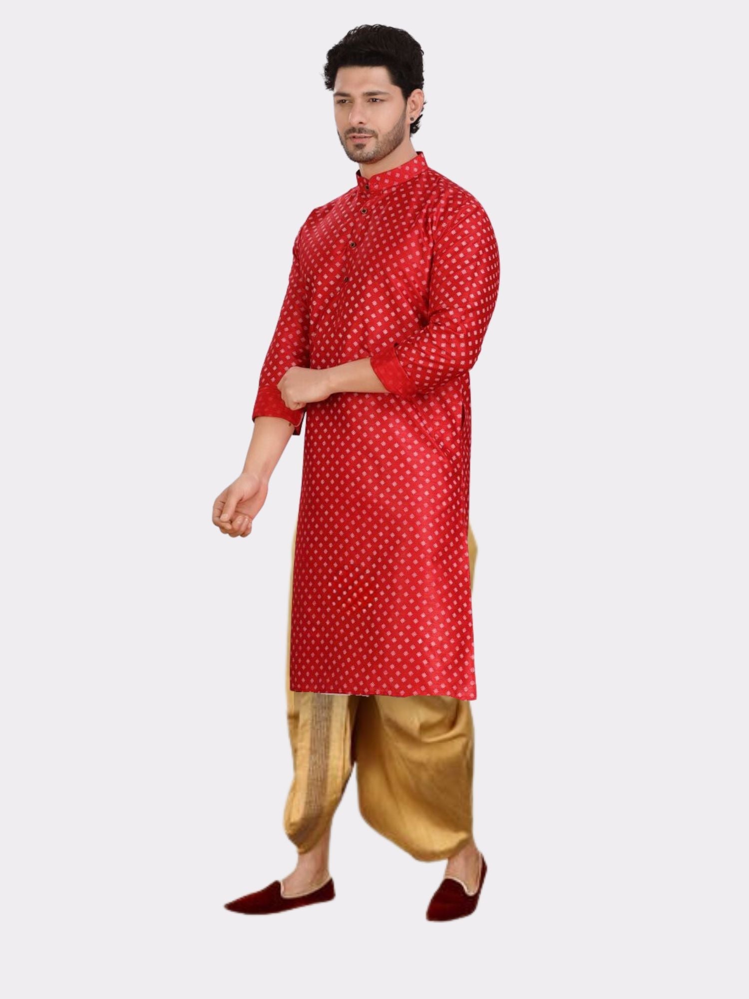 Barn Red Printed Silk Kurta Pitambari Dhoti Set