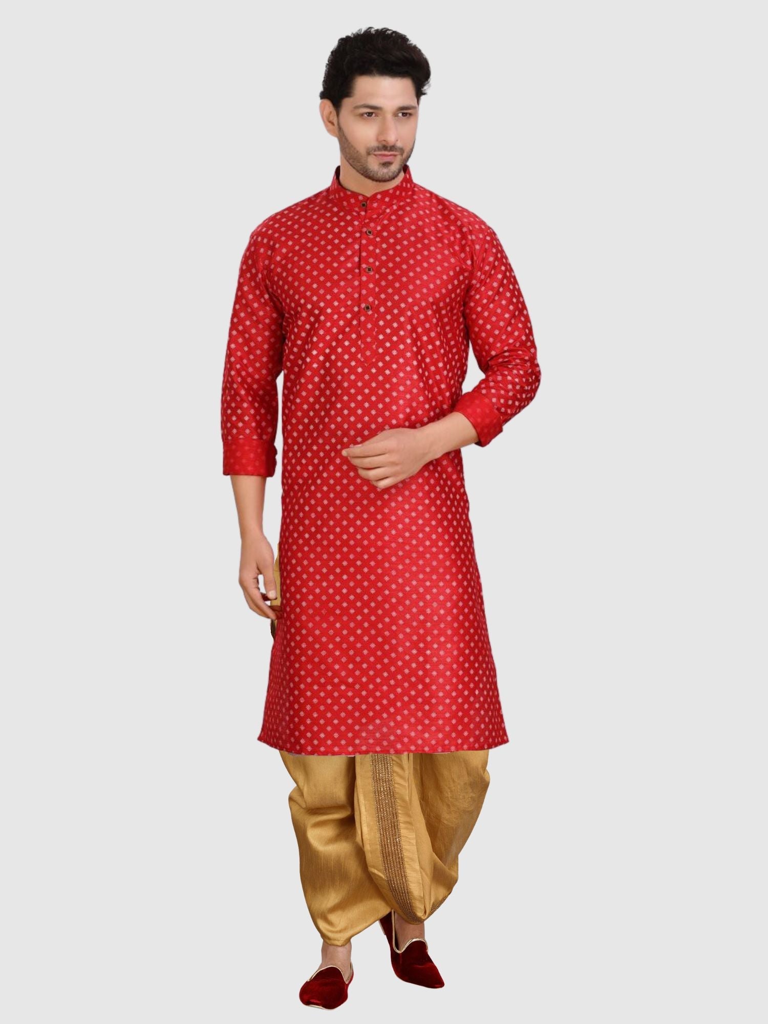 Barn Red Printed Silk Kurta Pitambari Dhoti Set